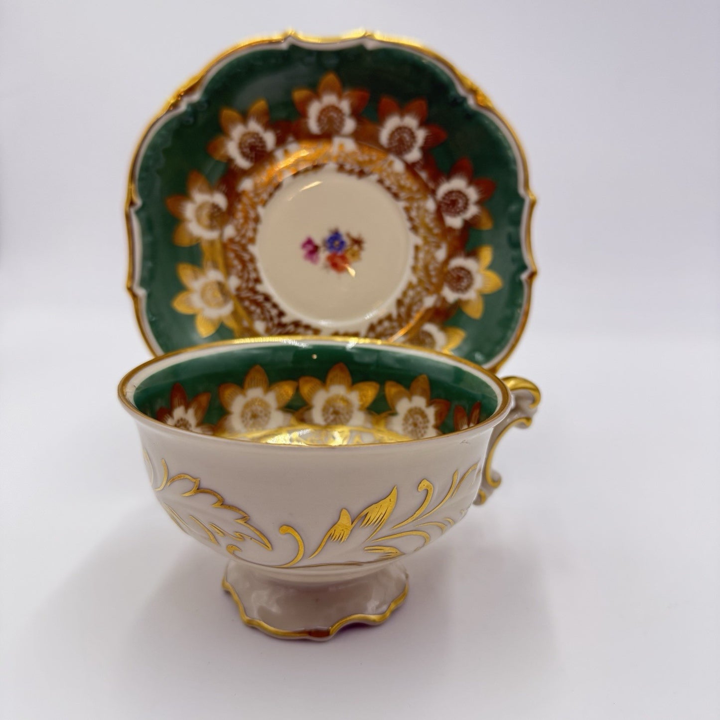 Antique Schwarzenhammer Bavaria Porcelain  Gold Trim tea cup & saucer Green