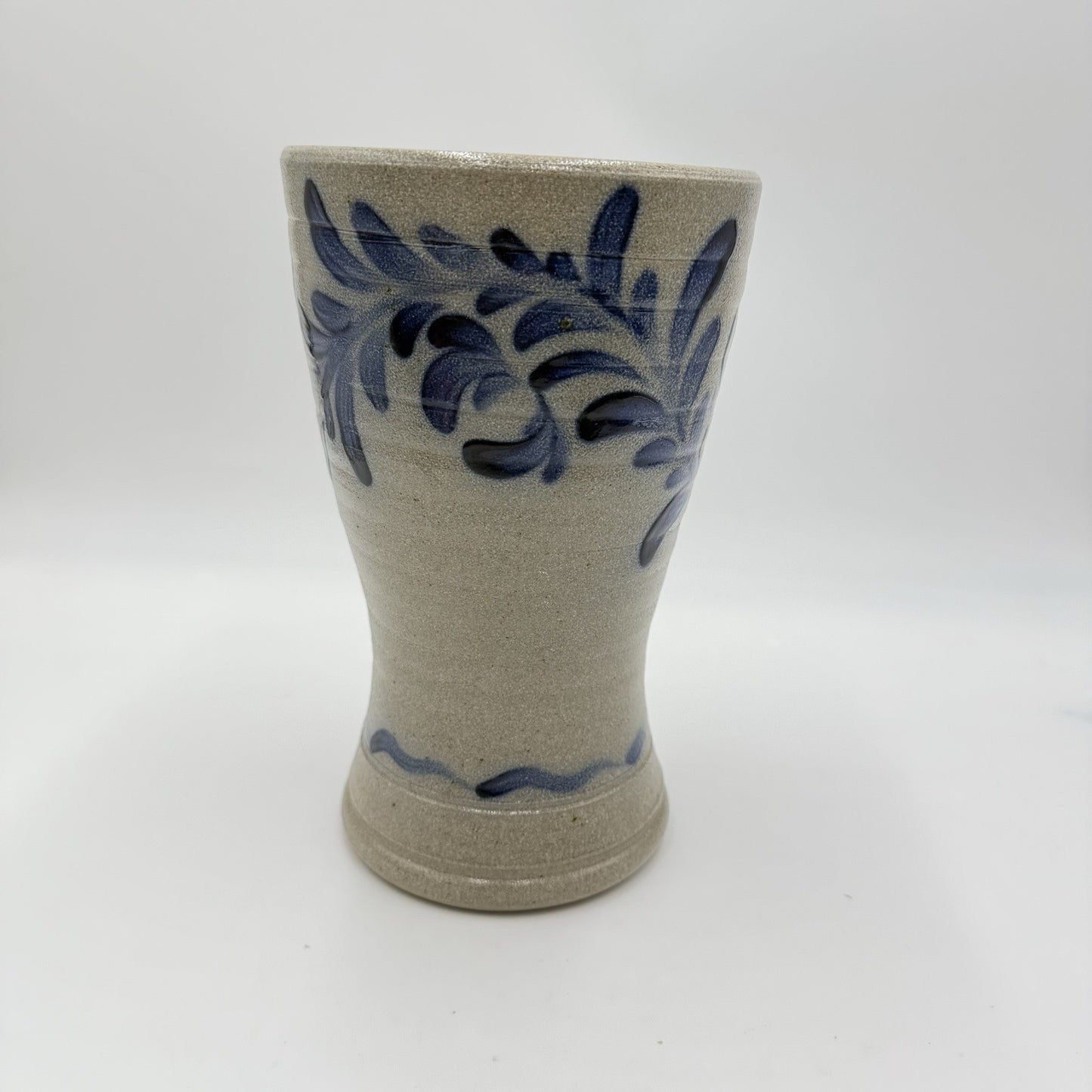 1995 Rowe Pottery Works Stoneware Blue Leaves  Design Salt Glaze Flower Vase 9”
