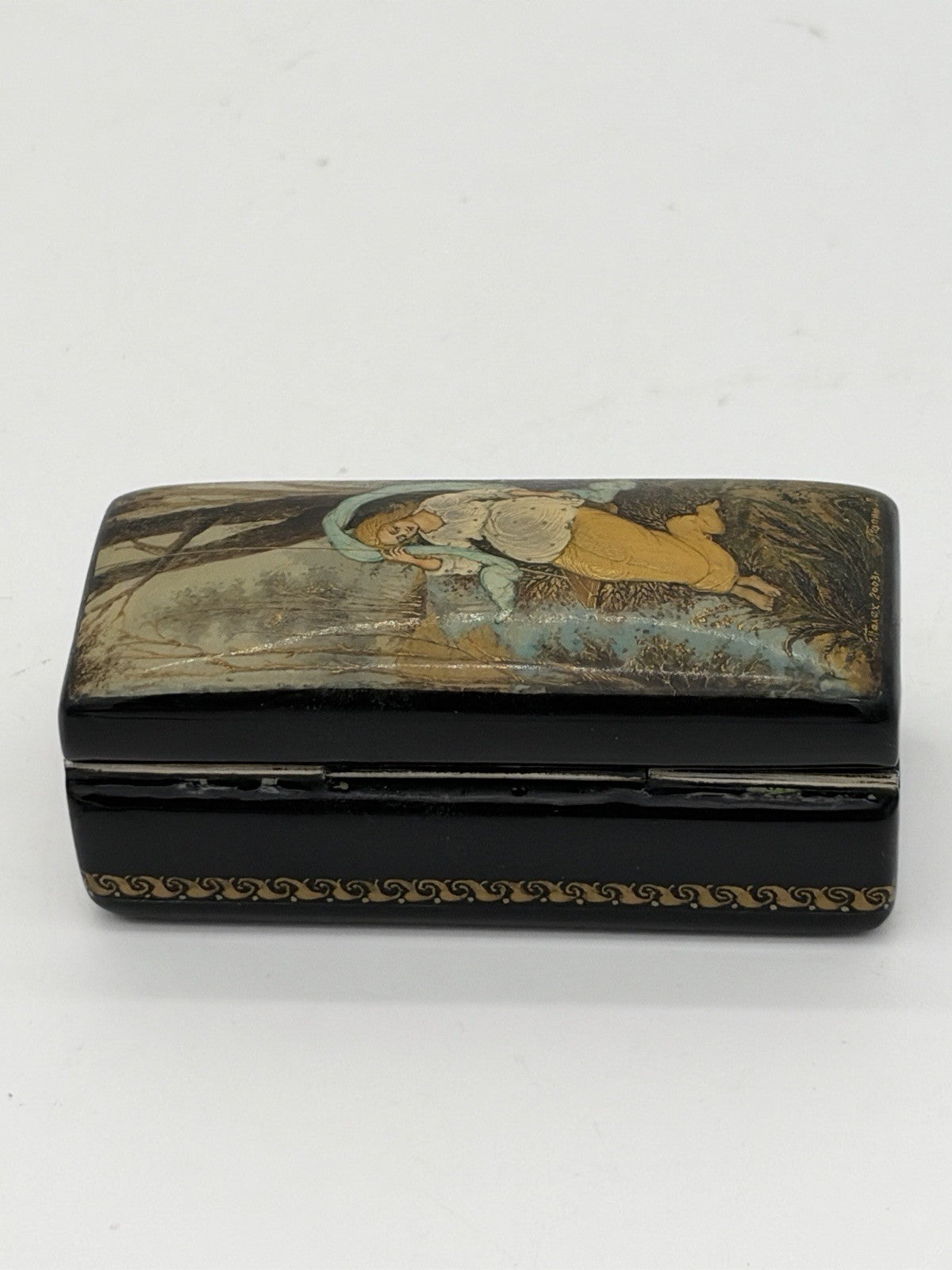 handpainted Russian lacquer miniature trinket box Palekh signed Lapin L Folk Art