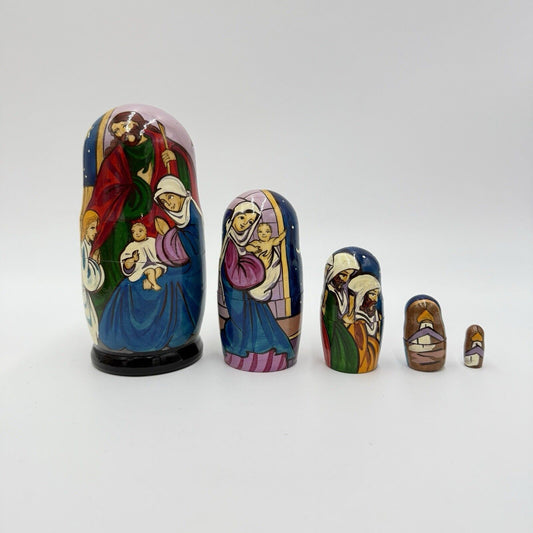 Rare Wooden Nativity Nesting Dolls Hand Painted 6” Holy Family Christmas 5 PCs