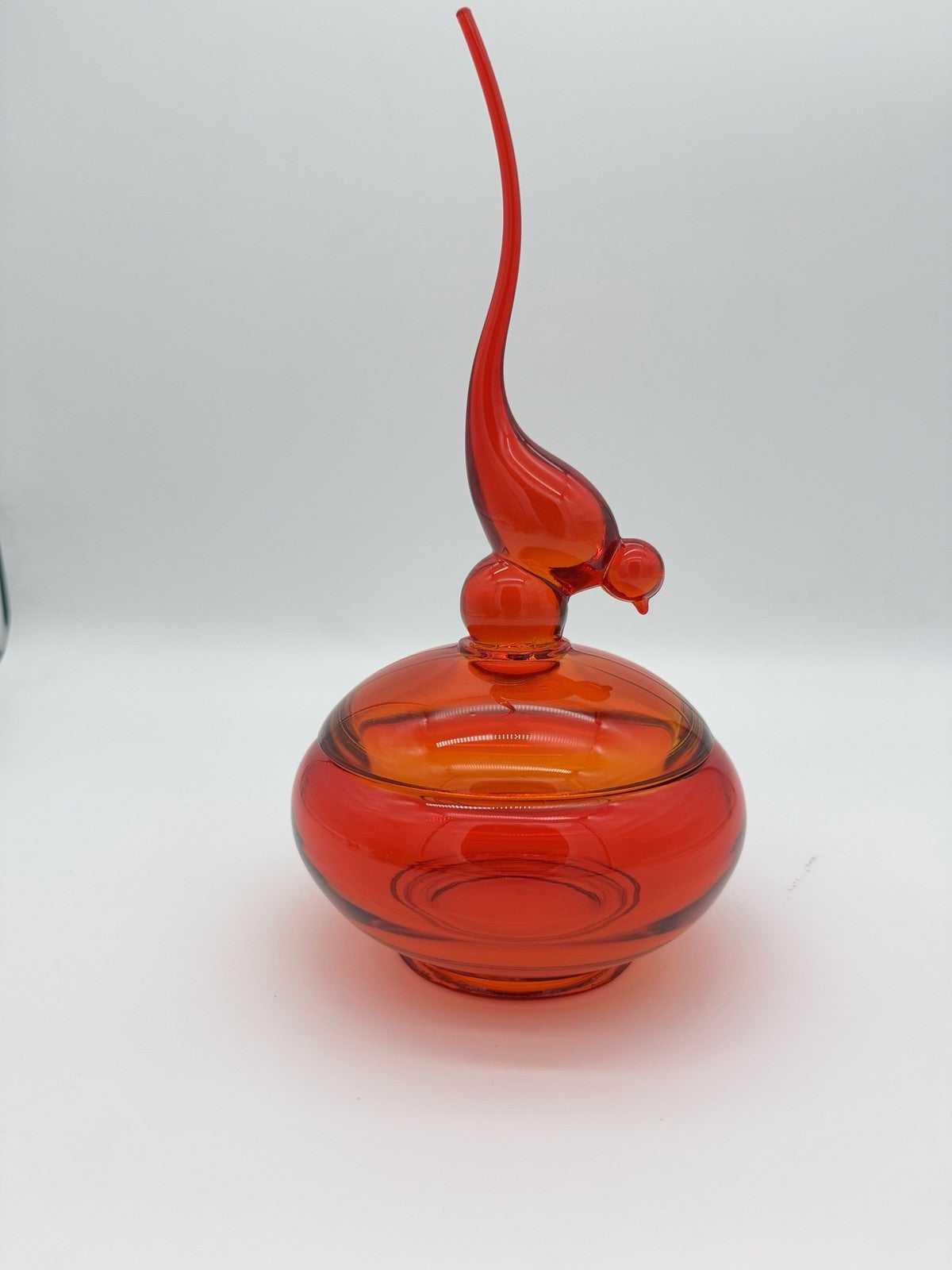 Viking Epic Glass Orange Long Tail Bird Covered Dish Bowl 11”H Large MCM