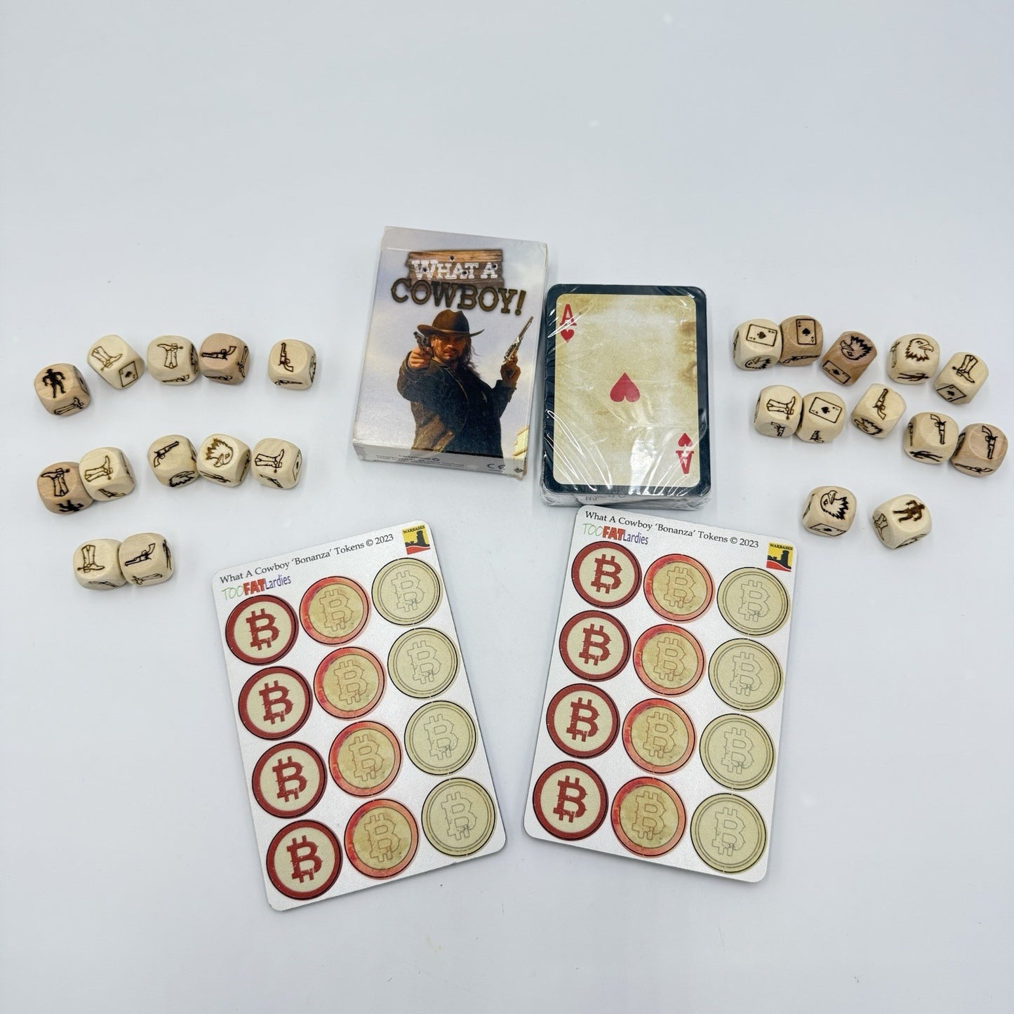 What a COWBOY BUNDLE Sealed Deck Of Cards Tokens TOO FAT LARDIES & Custom Dice