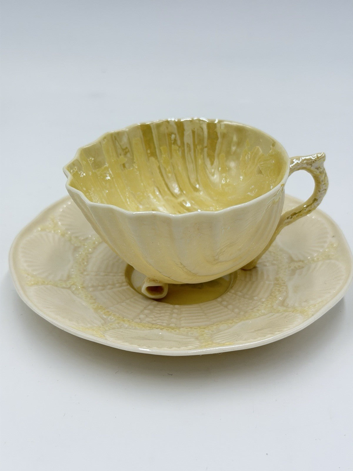 Belleek Neptune Yellow Seashell Footed Demitasse Tea Cup & Saucer Green Mark