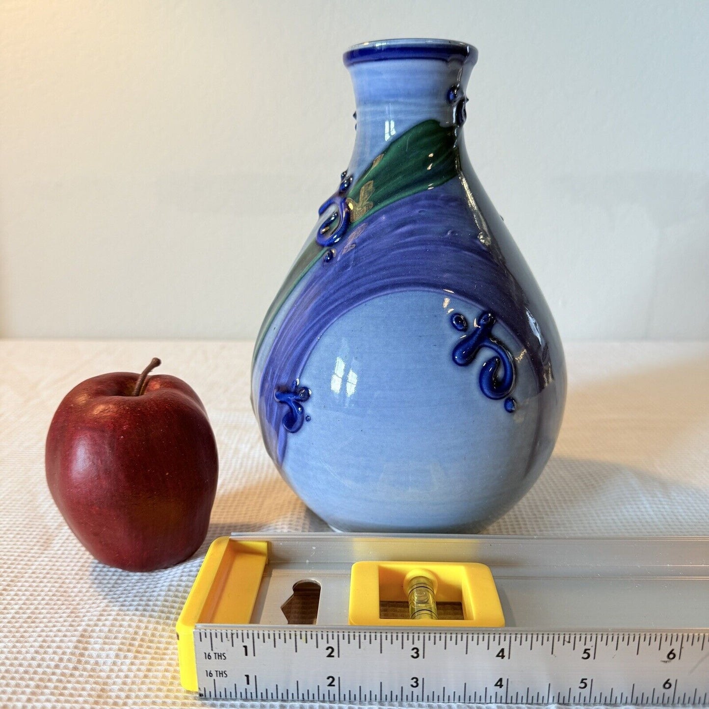 Studio Pottery Flower Vase Blue Purple Drip Ceramic Signed 8in H Swirls Leaf