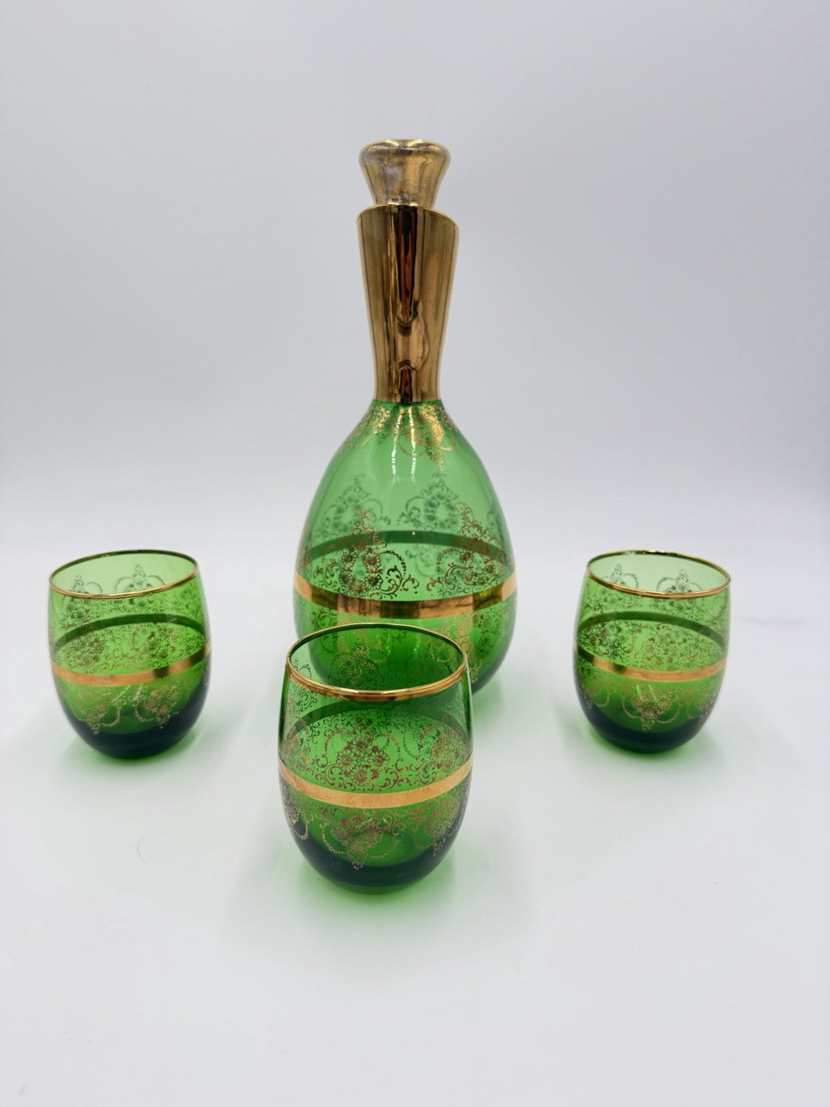 Vintage Murano Art Glass Italy Ferro & Lazzarini Decanter Set Green Emerald 4 Pc