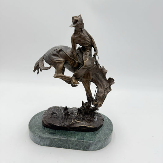 After Frederic Remington patinated bronze sculpture Outlaw Marble Base 8”