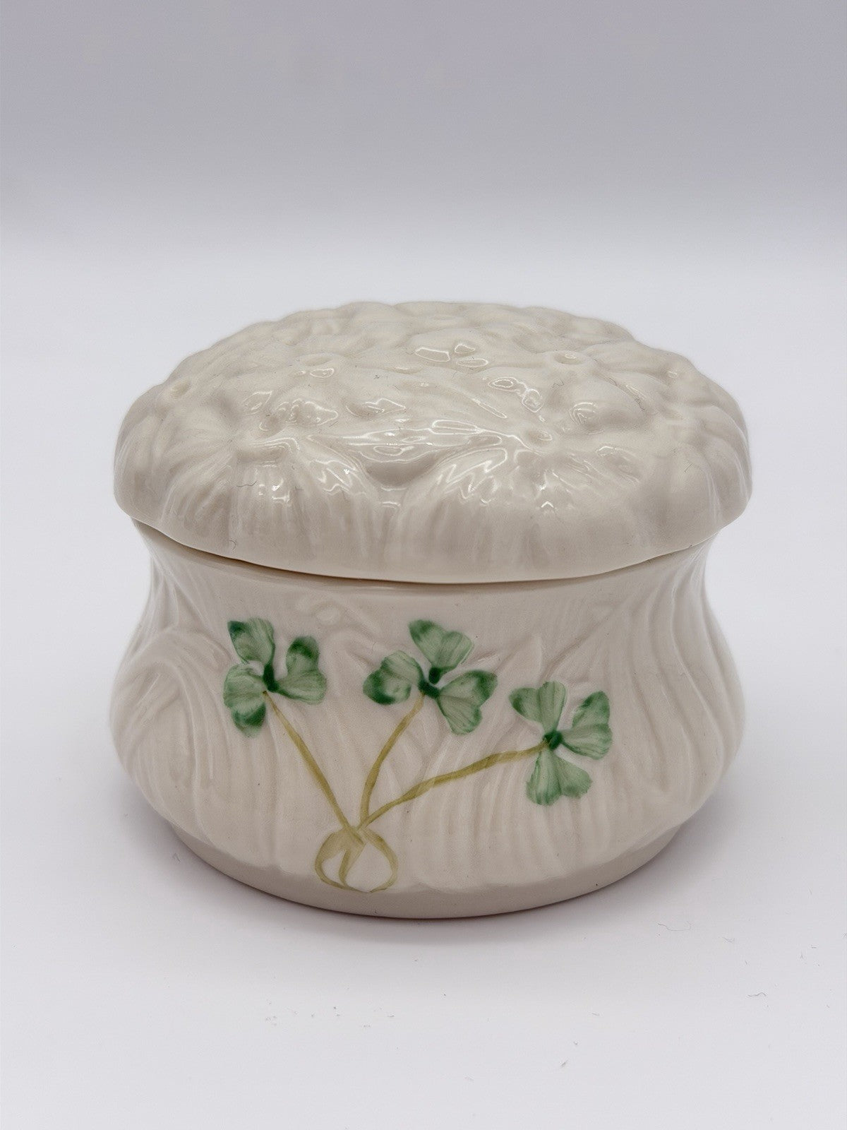Belleek Ireland Porcelain Daisy Shamrock Lidded Trinket Box Embossed Vintage 3”