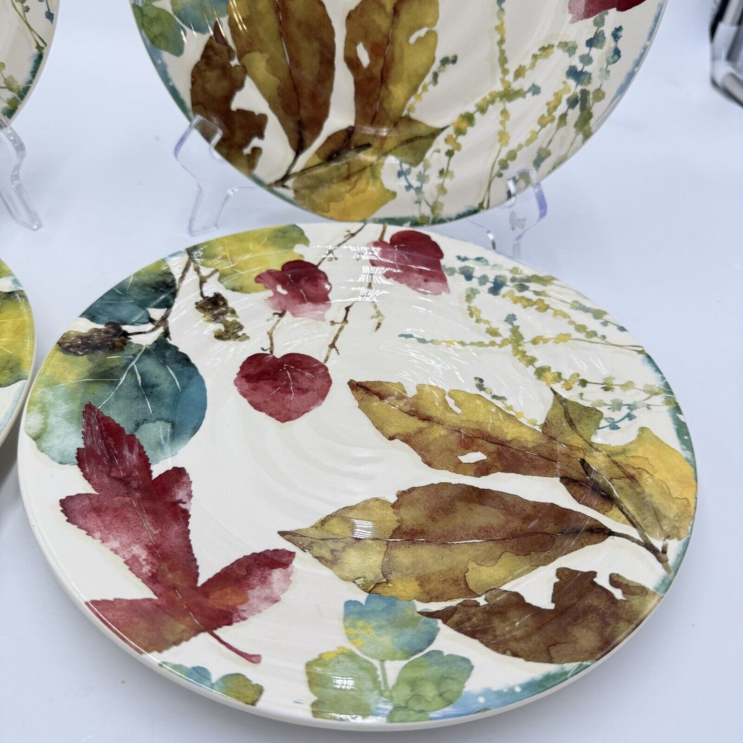 Pier 1 Imports WILLOW Dinner Plates Set 4 11” Fall Leaves Ironstone Ceramic