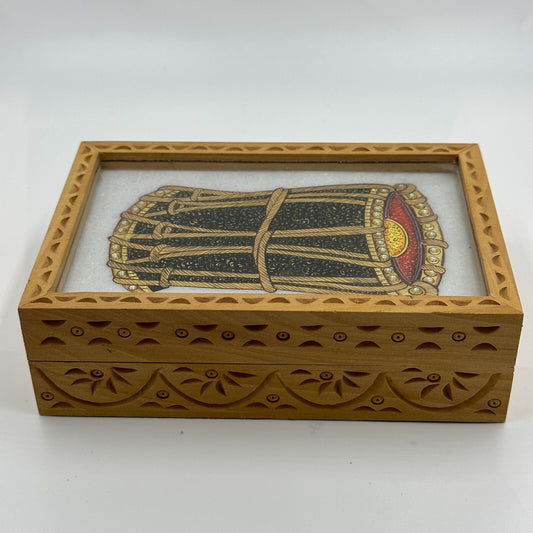Jewelry Box The Nodding Head Dhol Drum on Lid Red Velvet Carved Wooden