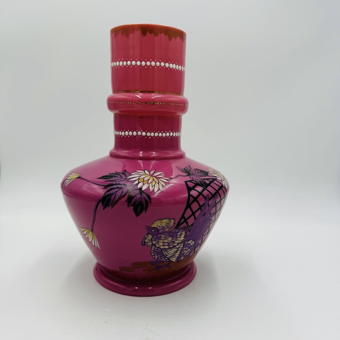 Victorian Aesthetic Pink Opaline Glass Vase Roosters Fighting Daisies Large Rare