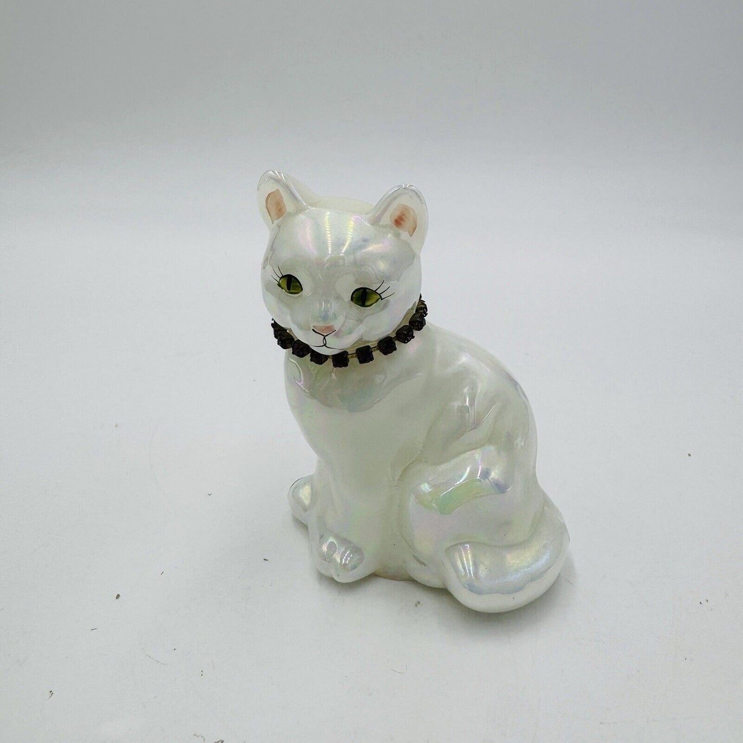 Vintage Fenton Art Glass Birthday Cat Iridescent  Figurine Signed