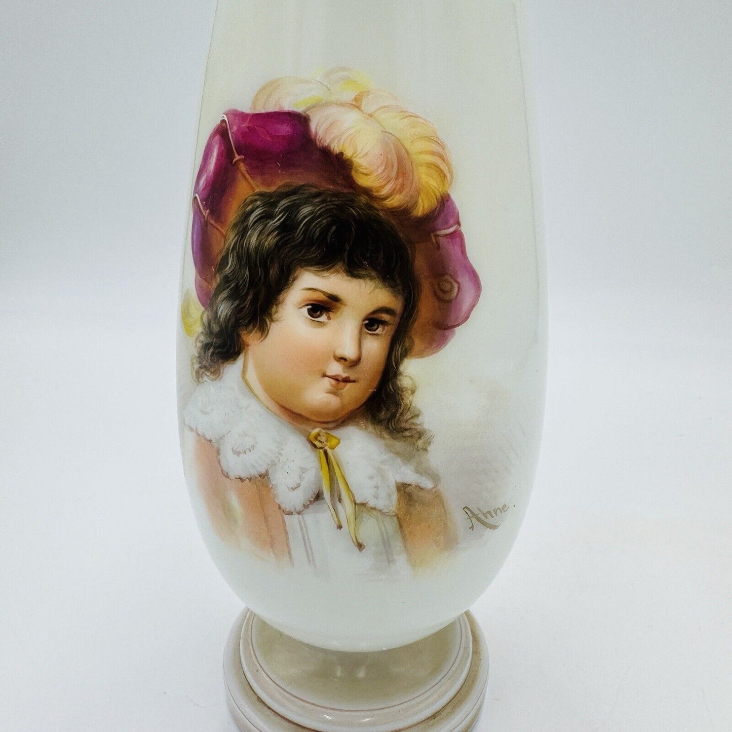 Antique Bohemian Opaline Art Glass Vase Painted & Signed Portrait 9"