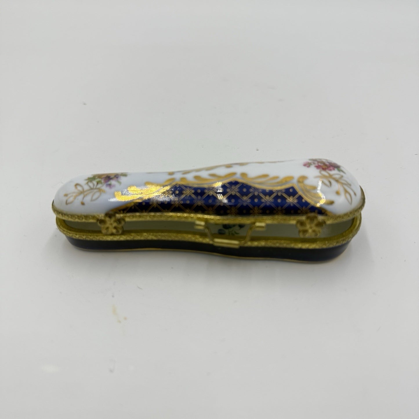 Museum Of Jewelry Porcelain Cobalt Floral Miniature Violin Case Trinket Box
