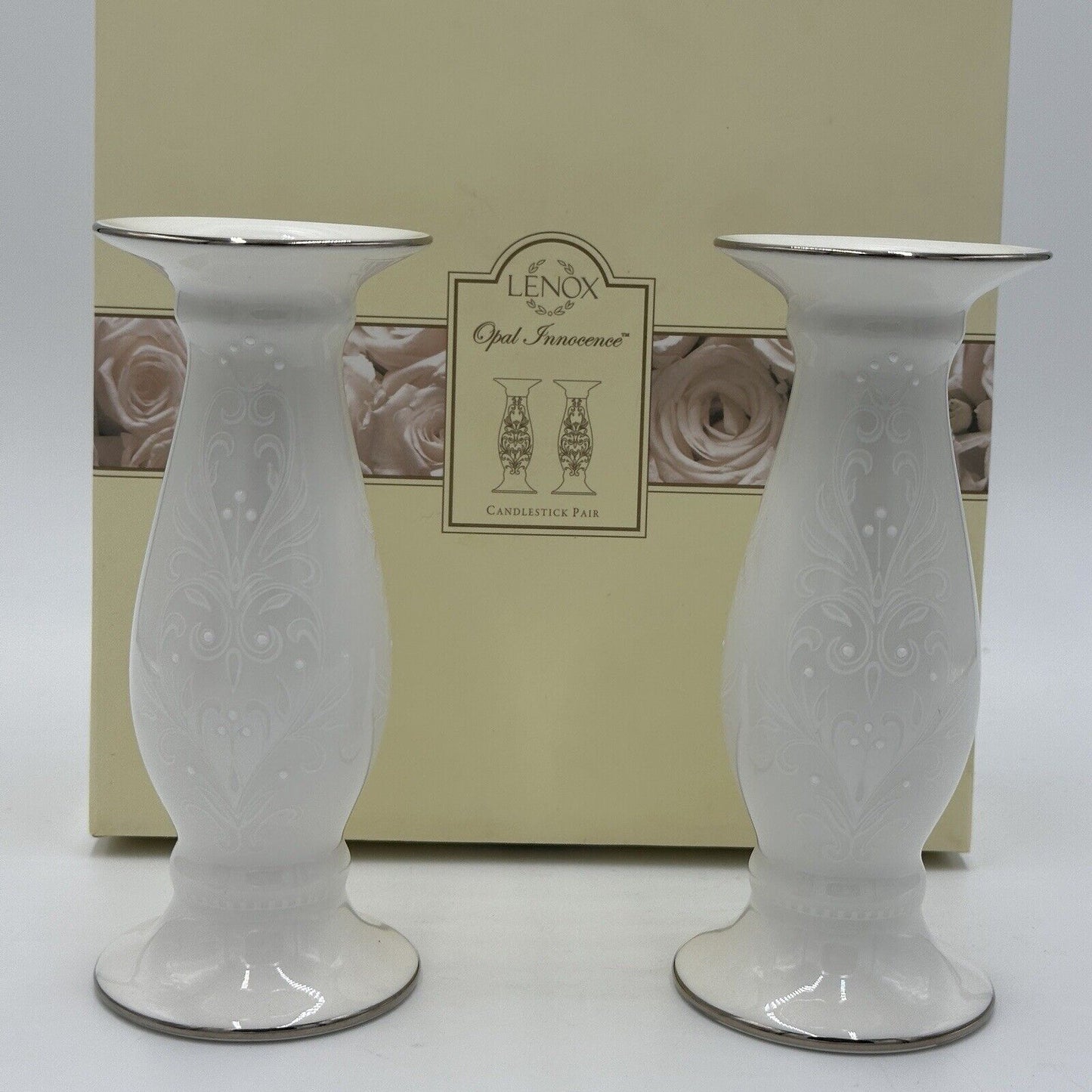 Lenox Candlesticks Set Table Decor Home Dining Porcelain White Opal Innocence