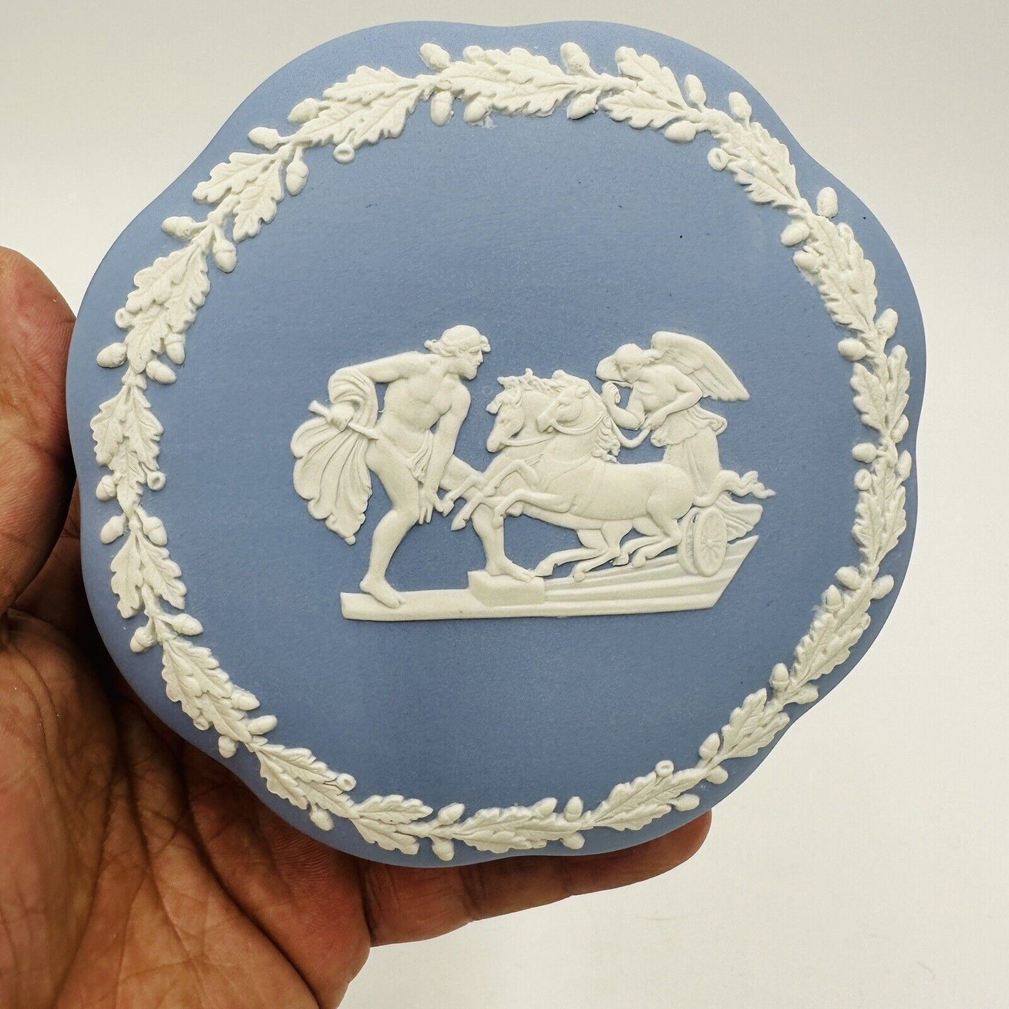 Wedgwood Blue Jasperware Covered Dresser Trinket Box Inlaid Ornate Horse Vintage