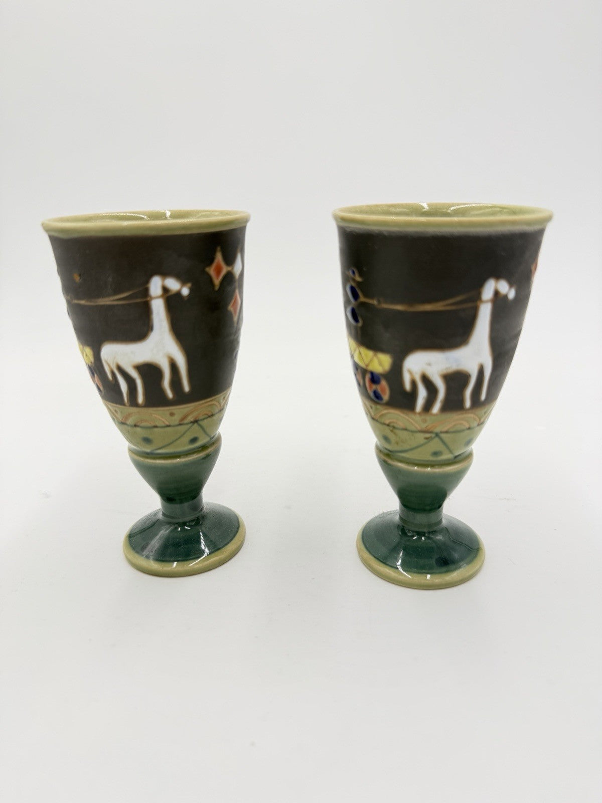 VTG Arita Cups Horse Signed Incised & Enameled Pottery Wine Goblet 4 1/2" Japan
