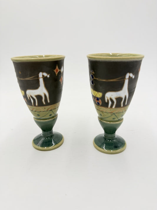 VTG Arita Cups Horse Signed Incised & Enameled Pottery Wine Goblet 4 1/2" Japan