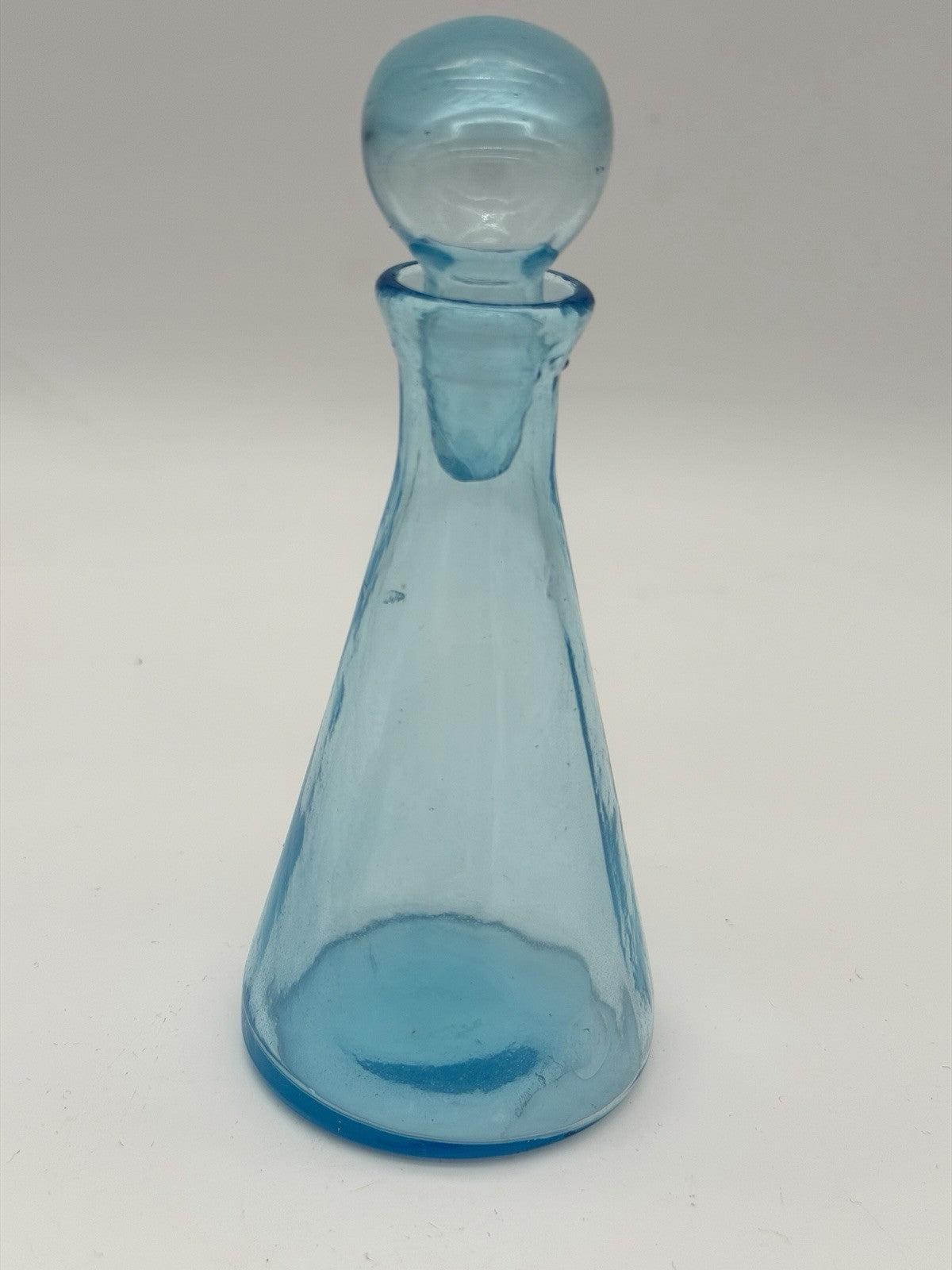 MCM Teal Blue Art Glass Decanter w/Stopper Hand Blown Genie Bottle 6”