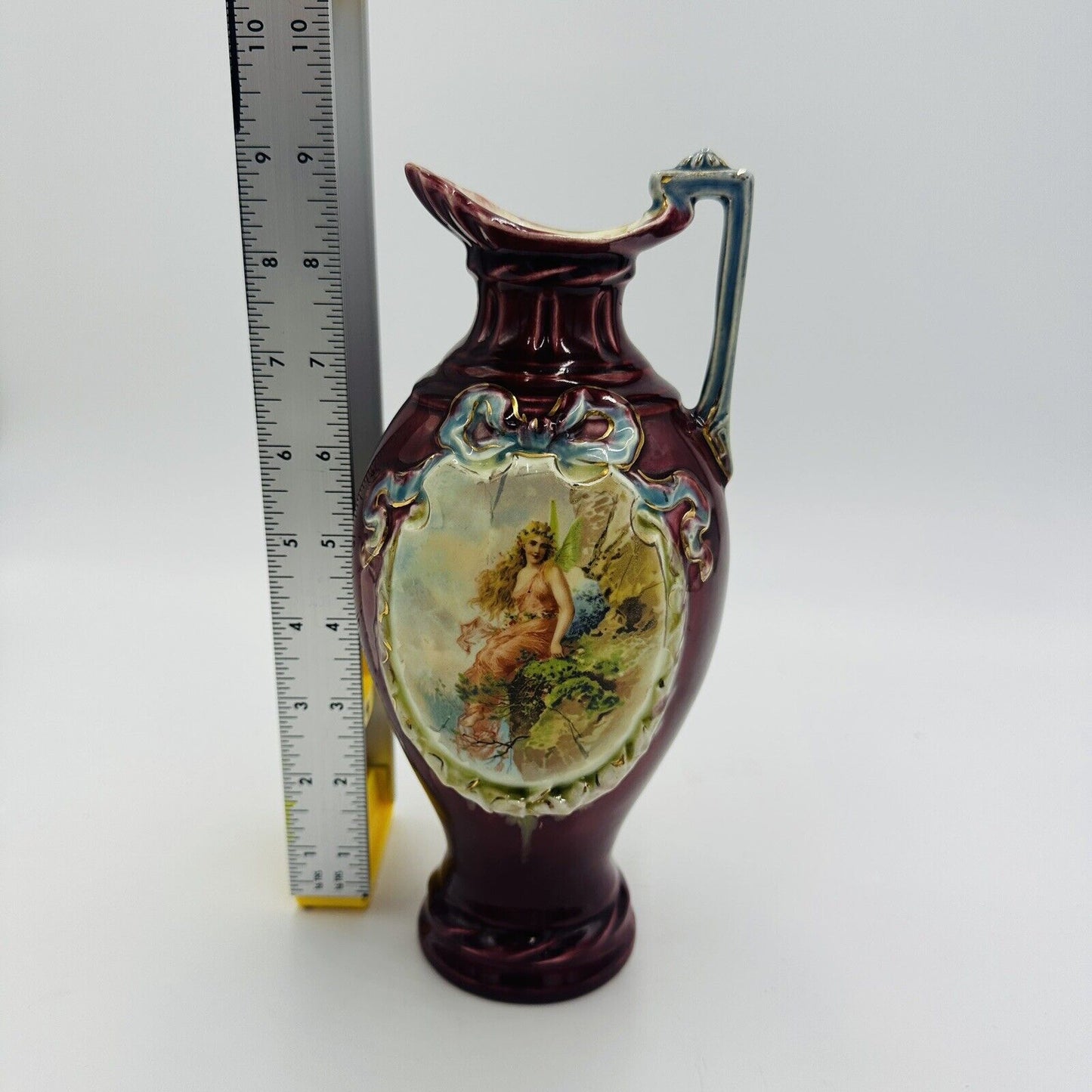 Majolica Red Pitcher Blue Ribbon Fairy Portrait Numbered 9in Porcelain Antique