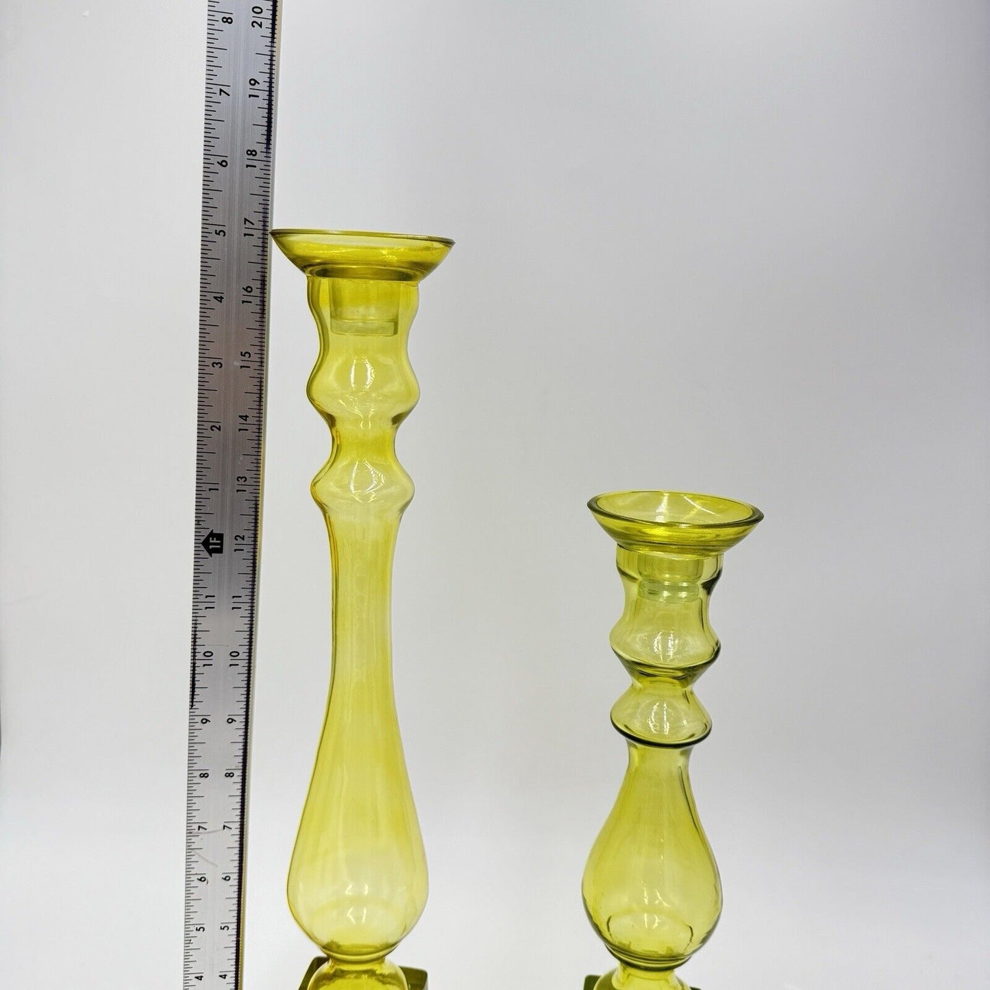 MCM Yellow Art Glass Candle holders By Lazy Susan Square Base Round Top 2