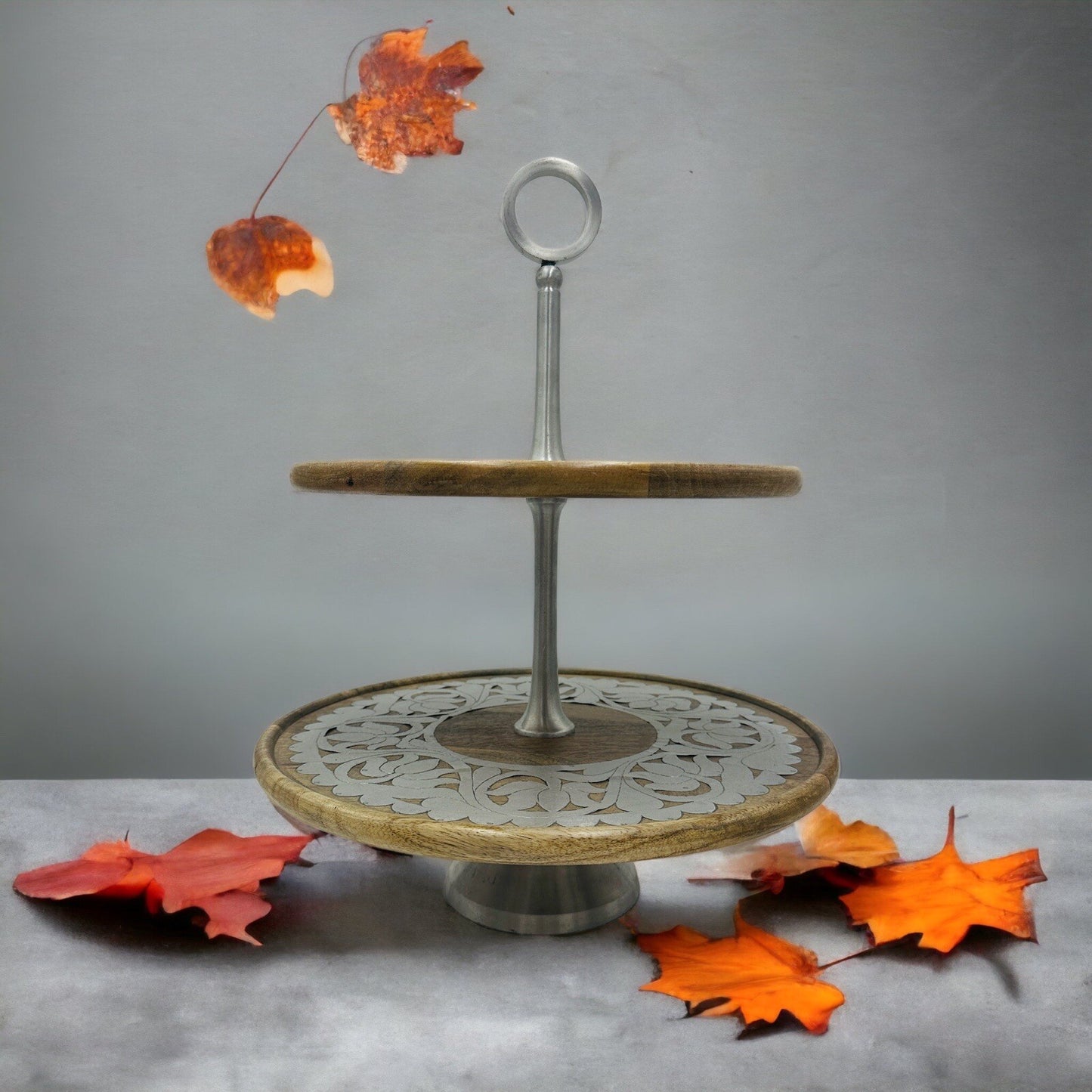 Rajasthan Artisans Cake Stand Brown 2 Tier Wood 17in H Farmhouse Country