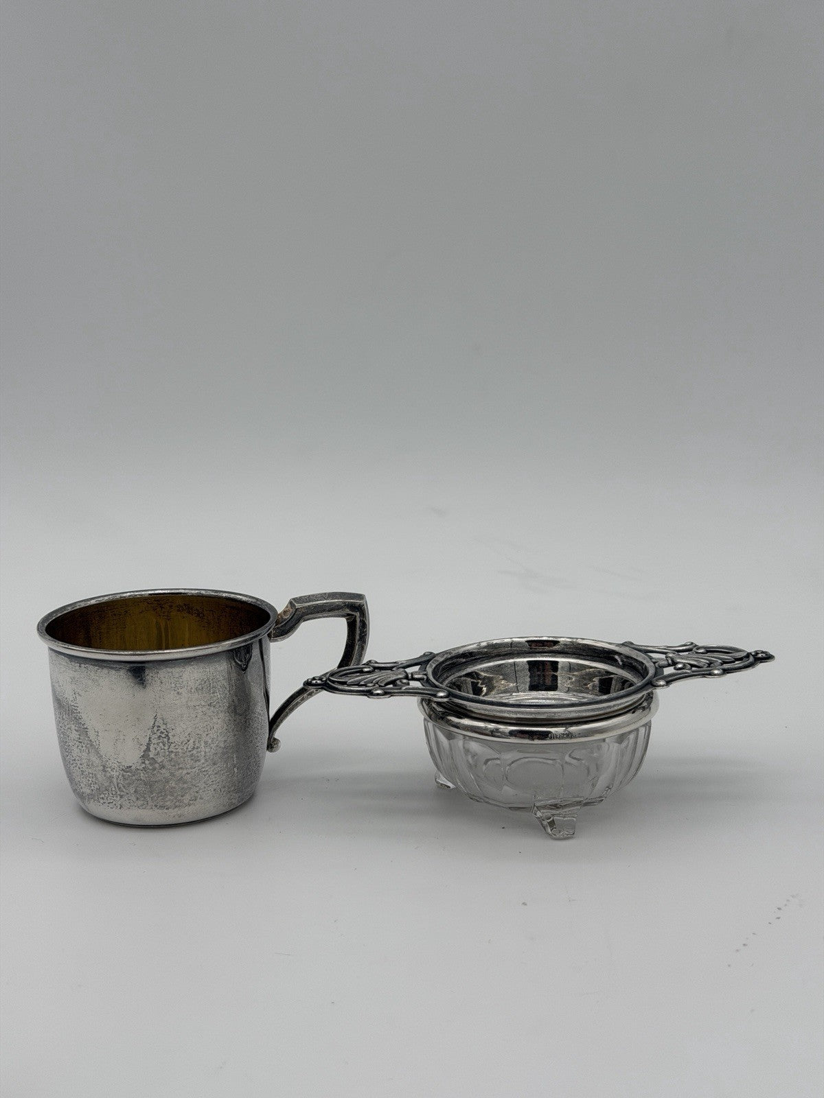 Antique Art Deco Sterling Silver Tea Strainer & Stand & Cup Webster Set Complete