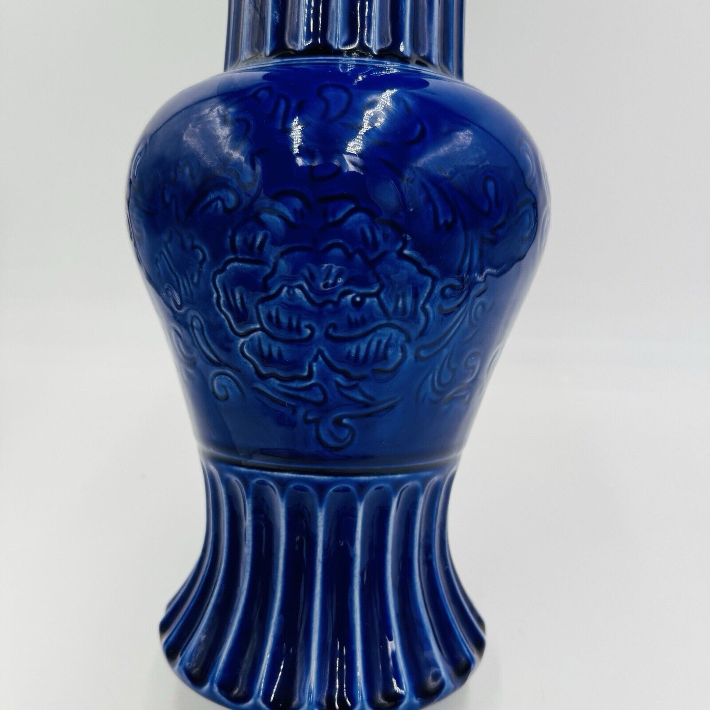 Hyalyn Pottery Vase 15in Cobalt Blue Floral Etched USA #571 MCM Large Standing