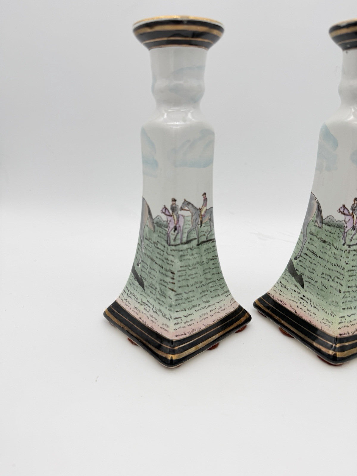 Vintage Chinese Equestrian Hand-Painted Porcelain Candle Holder by Nieman Marcus
