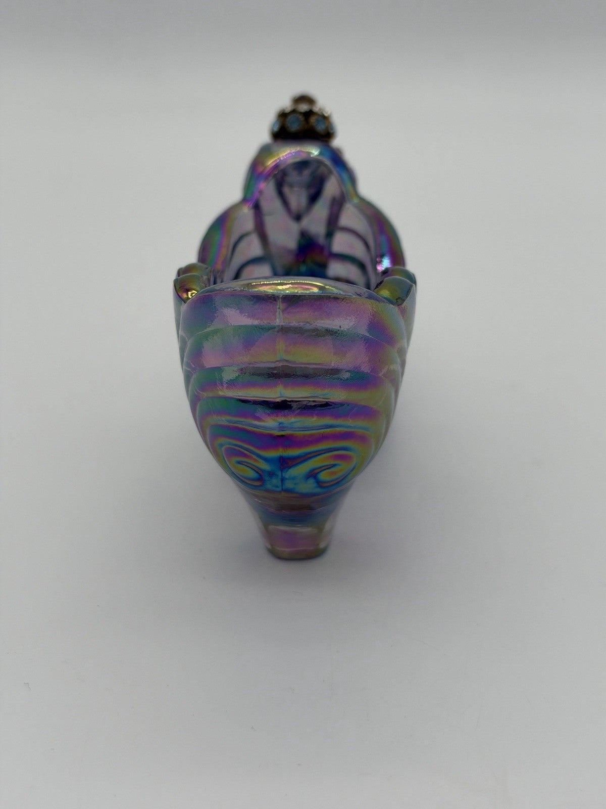 Fenton Carnival Art Glass Amethyst Iridescent Slipper Shoe Cat Head Rhinestone