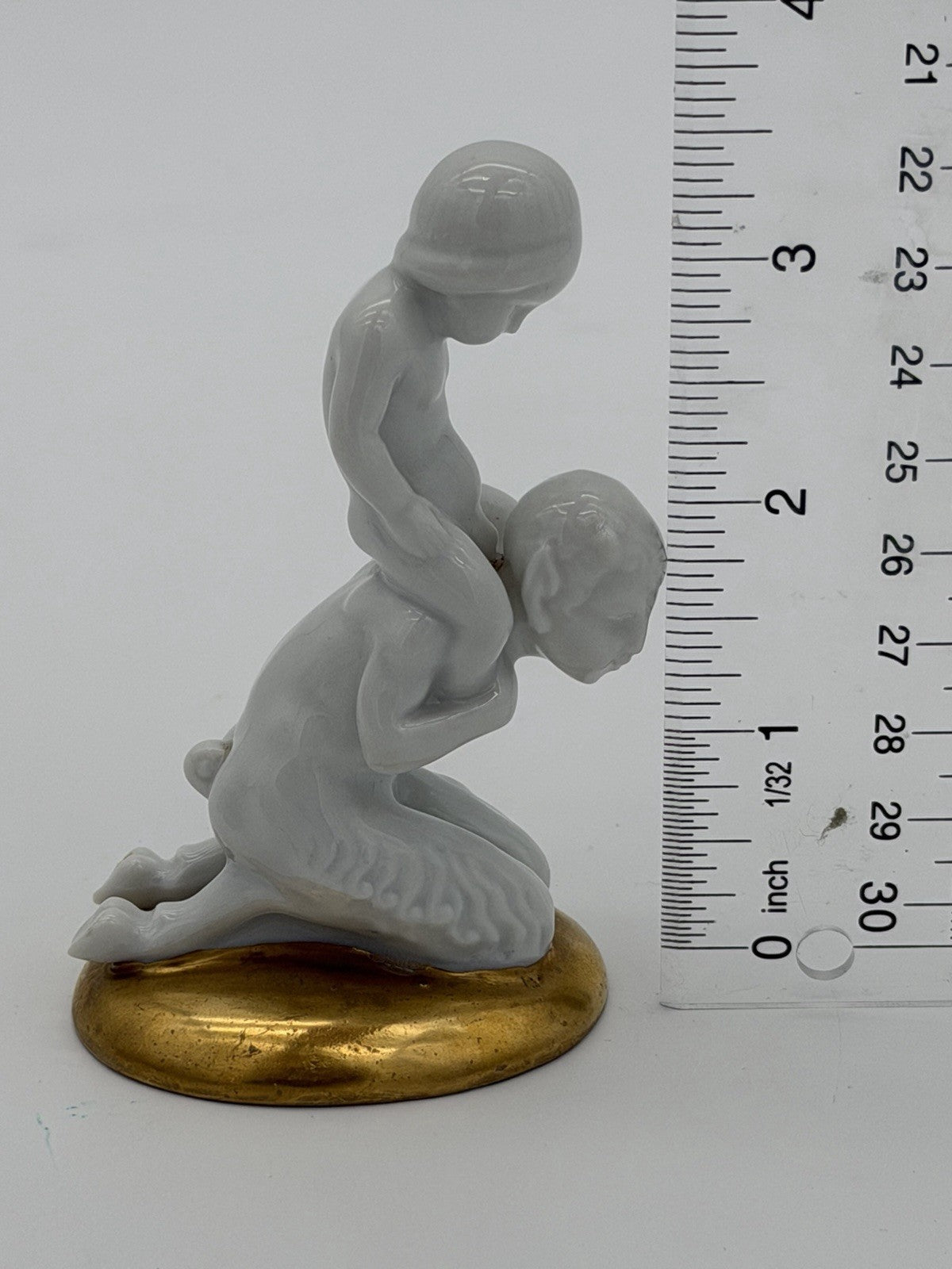 Antique Fraureuth Saxony Art Nouveau Germany Faun & Baby White/Gold Figurine 3.5