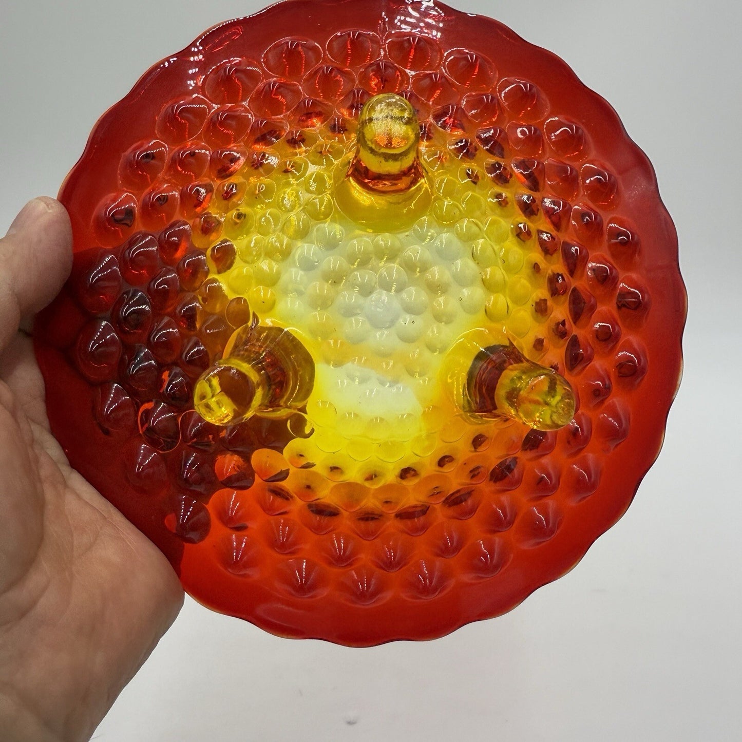 Vintage Fenton Art Glass AMBERINA Hobnail Footed Dish Bowl 7in Red Orange