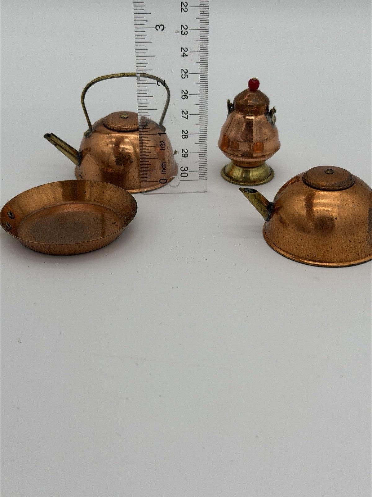 Vintage English Copper Ware Miniature Kettle Dollhouse Metal Retro Set 4 PCs