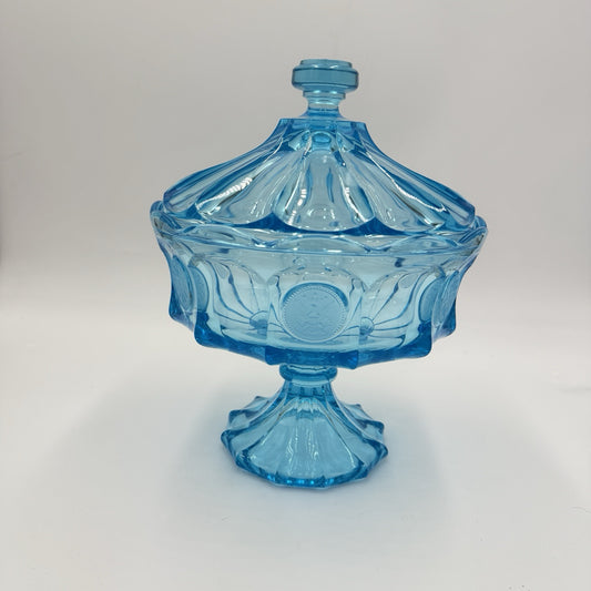 MCM Fostoria Coin Ice Blue Large Pedestal Compote w/Lid RARE 10"Art Glass