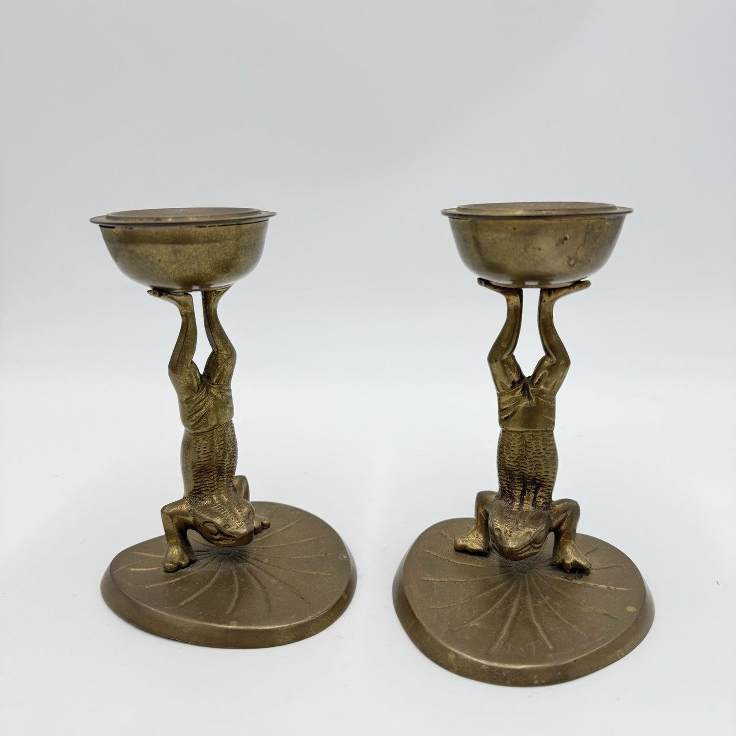 Vintage Pair of Acrobatic Frog Brass Candlesticks Solid Patina Leaf Base 5.5” H