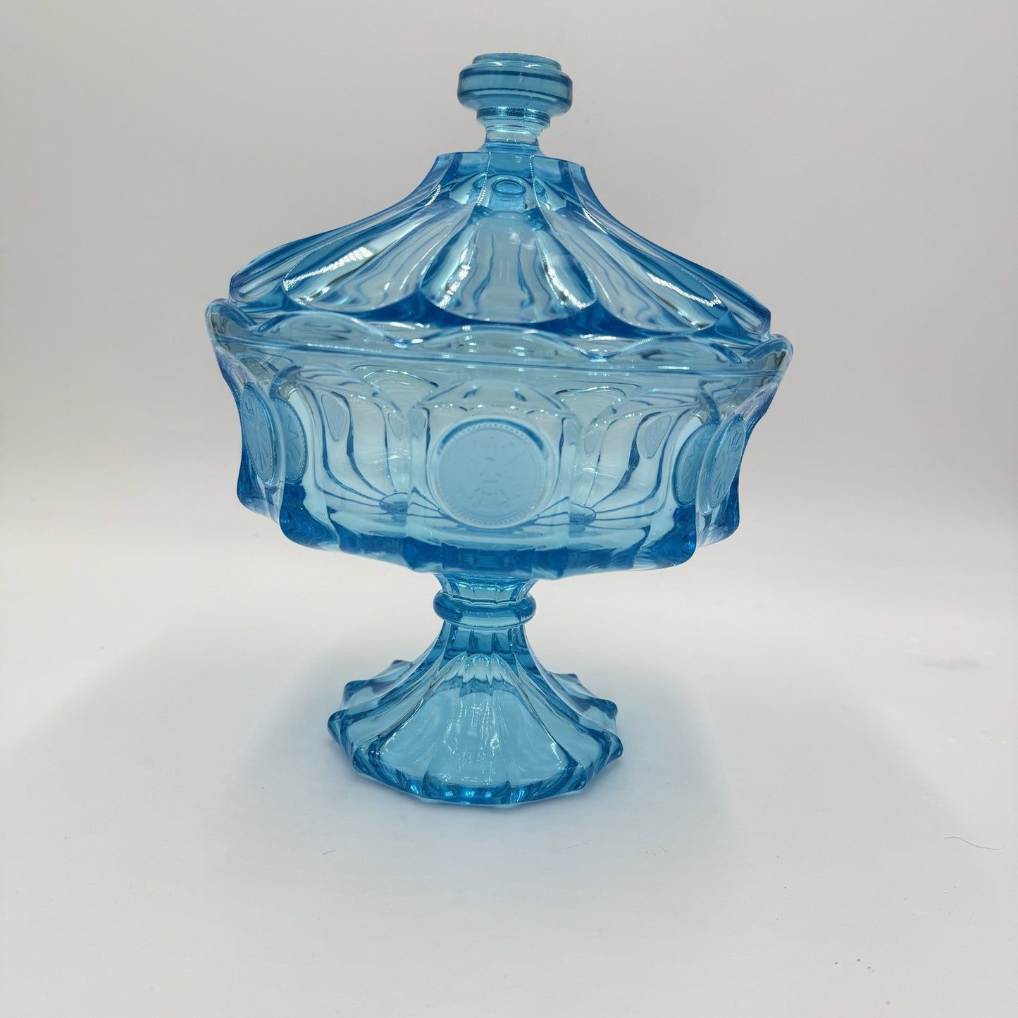 MCM Fostoria Coin Ice Blue Large Pedestal Compote w/Lid RARE 10"Art Glass