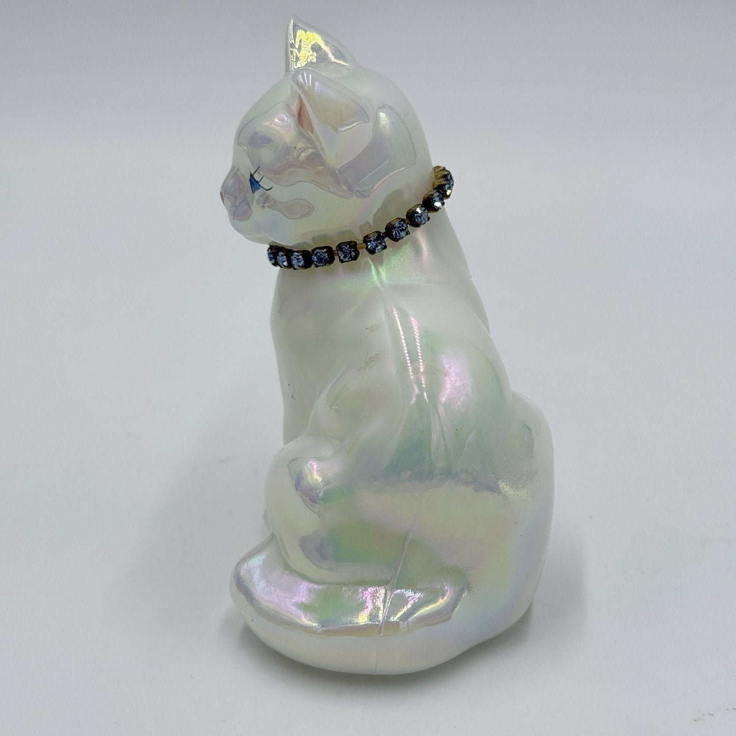 Fenton Art Glass Iridescent Blue Necklace Cat Figurine