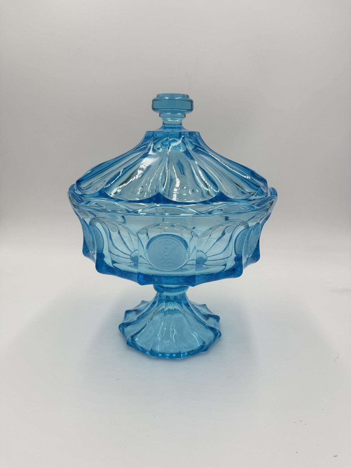 MCM Fostoria Coin Ice Blue Large Pedestal Compote w/Lid RARE 10"Art Glass