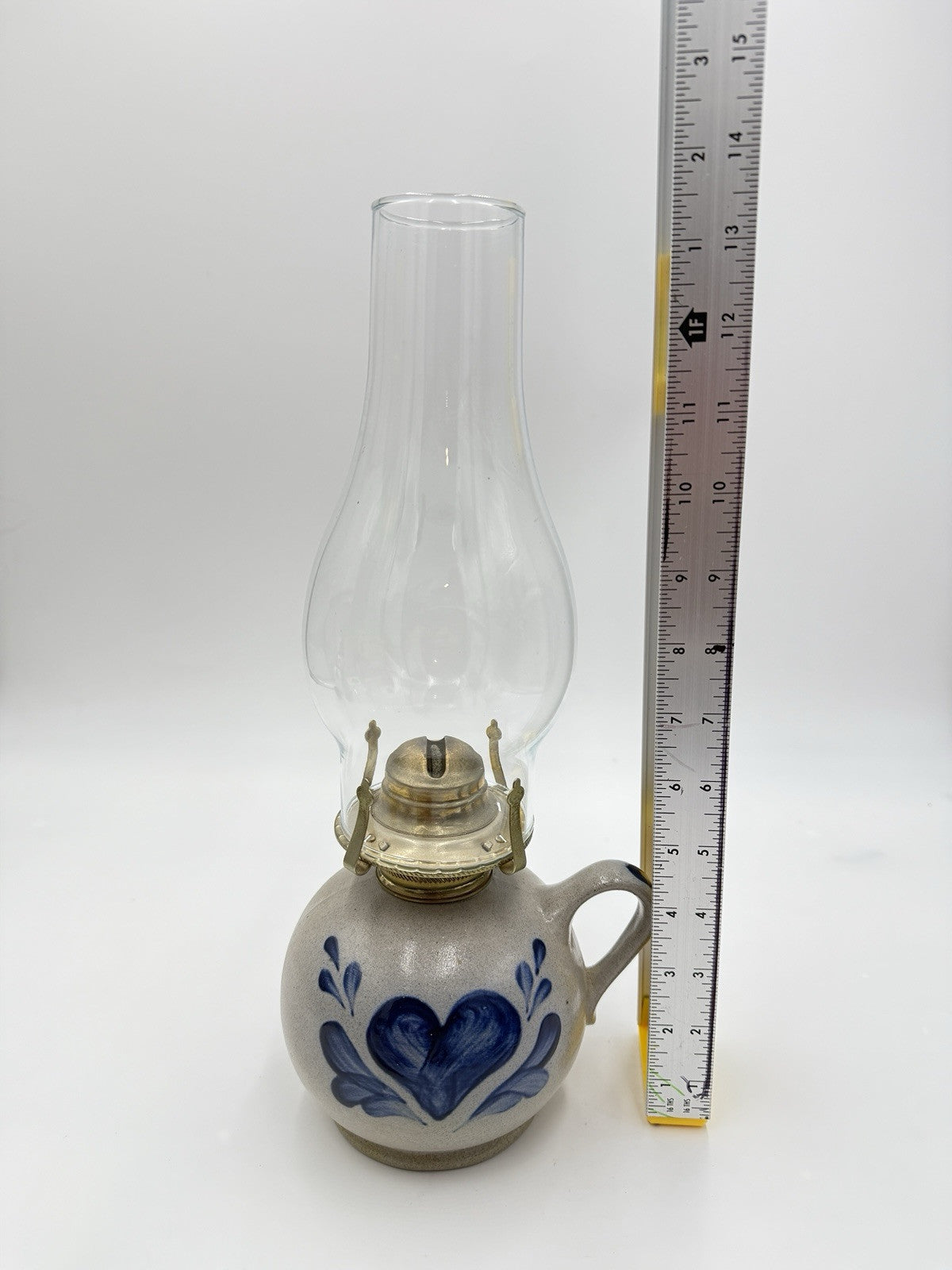 Vtg Rowe Pottery Works Salt Glazed  Hurricane Oil Lamp Heart Painted Signed 14”