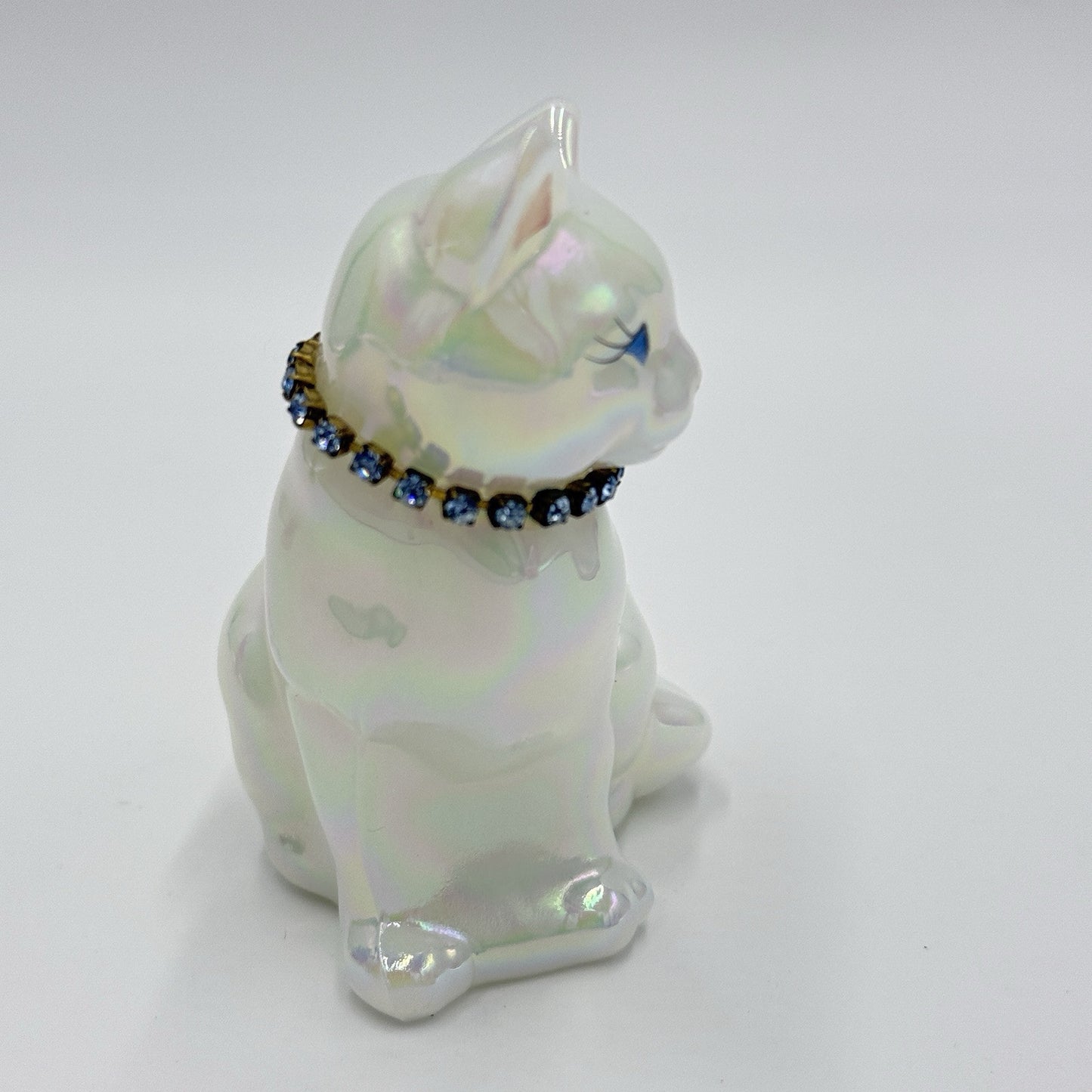 Fenton Art Glass Iridescent Blue Necklace Cat Figurine