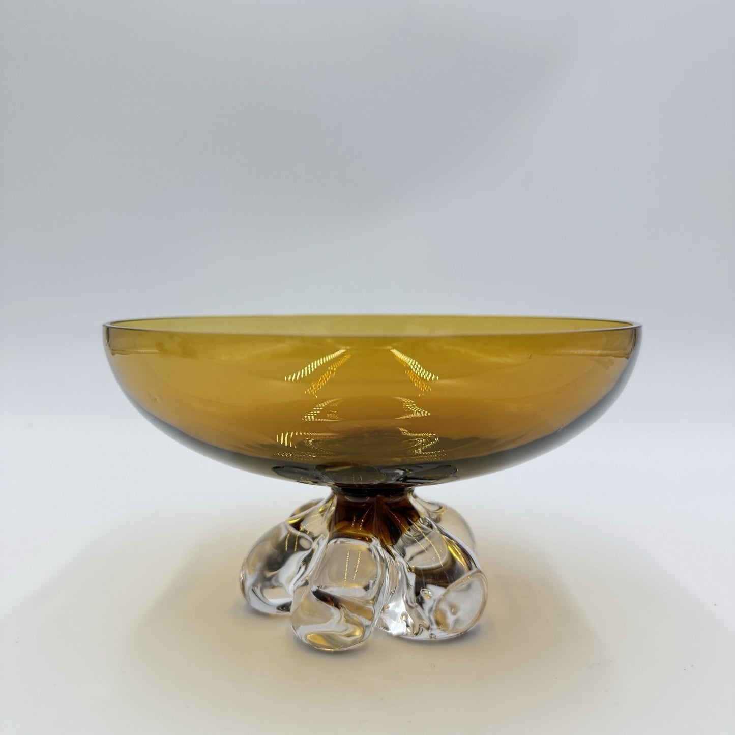 Vintage Steuben Art Glass Amber Crystal Swirl Base Footed Pedestal Bowl 3.5”Hx6”