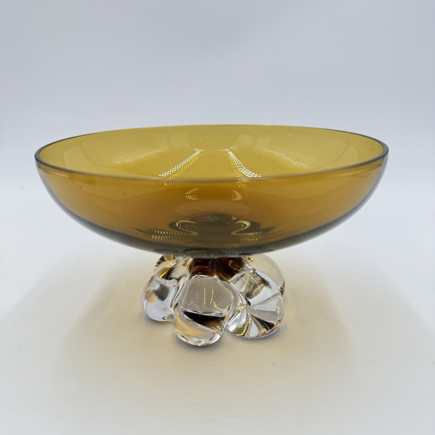 Vintage Steuben Art Glass Amber Crystal Swirl Base Footed Pedestal Bowl 3.5”Hx6”