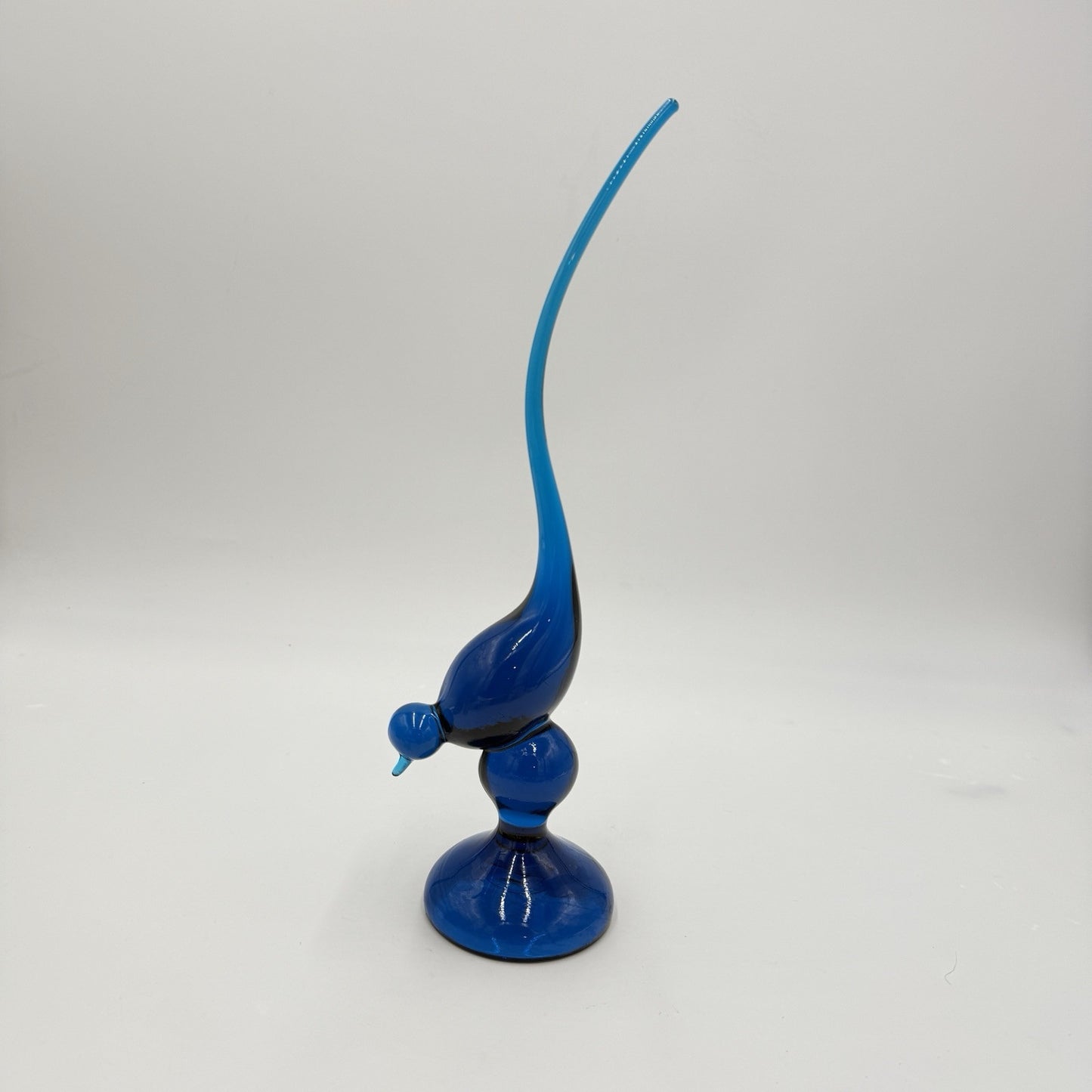 Vintage MCM Viking Art Glass Blue Long Tail Bird Figurine 12.5” Mint