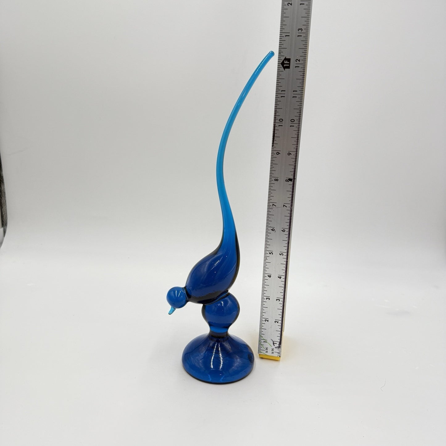 Vintage MCM Viking Art Glass Blue Long Tail Bird Figurine 12.5” Mint