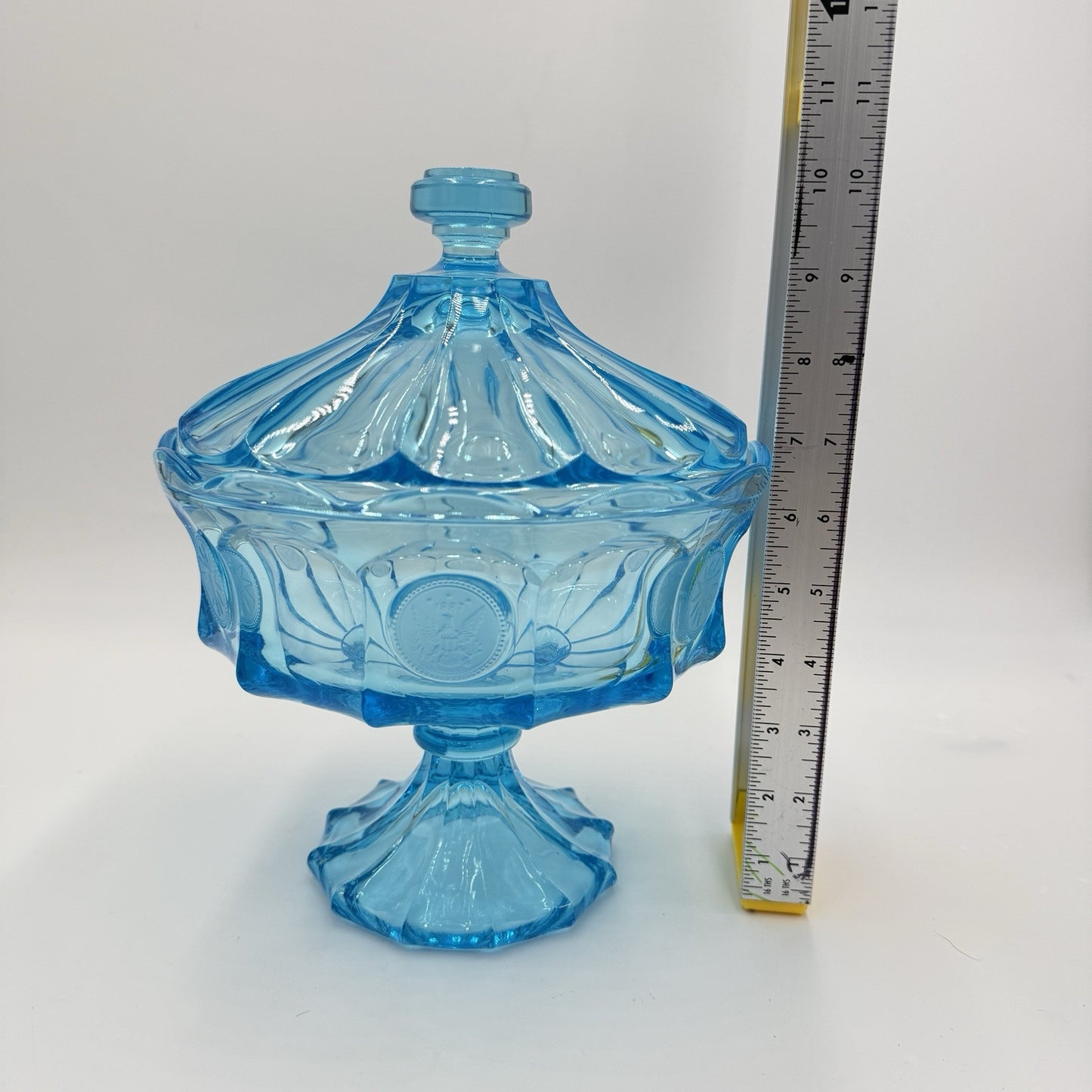 MCM Fostoria Coin Ice Blue Large Pedestal Compote w/Lid RARE 10"Art Glass