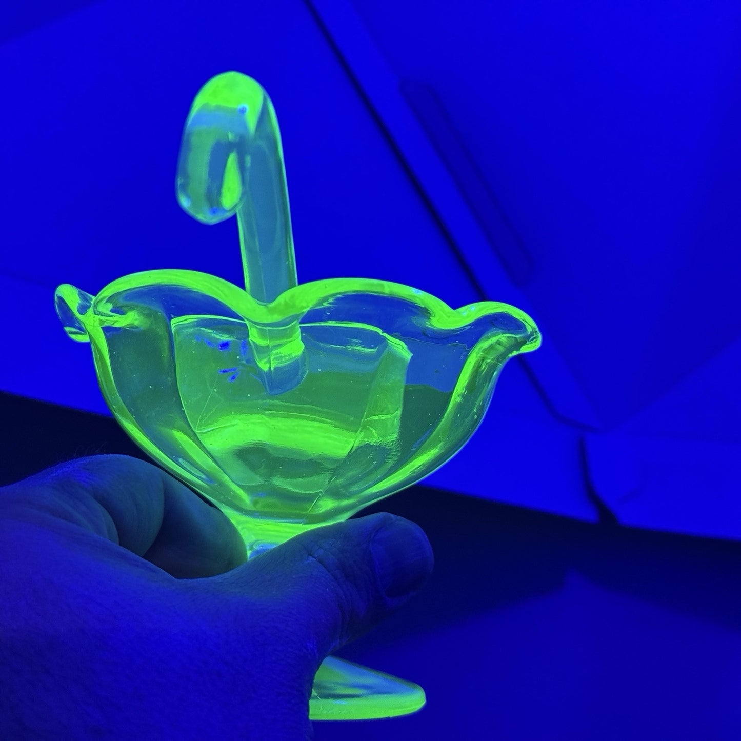 Vintage Uranium Glass Green Glowing Sherbet Cup Glass 3" MCM Retro Heisey Spoon