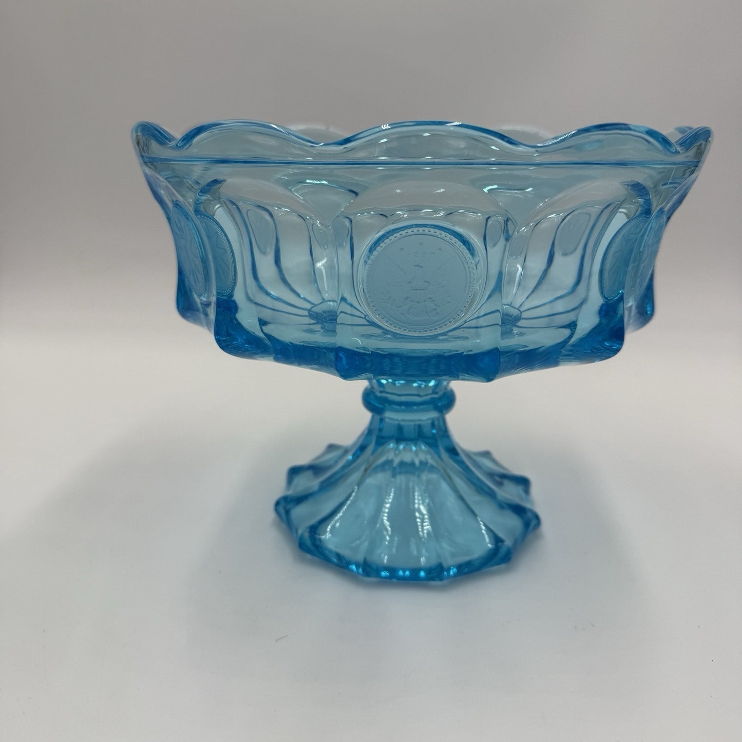 MCM Fostoria Coin Ice Blue Large Pedestal Compote w/Lid RARE 10"Art Glass