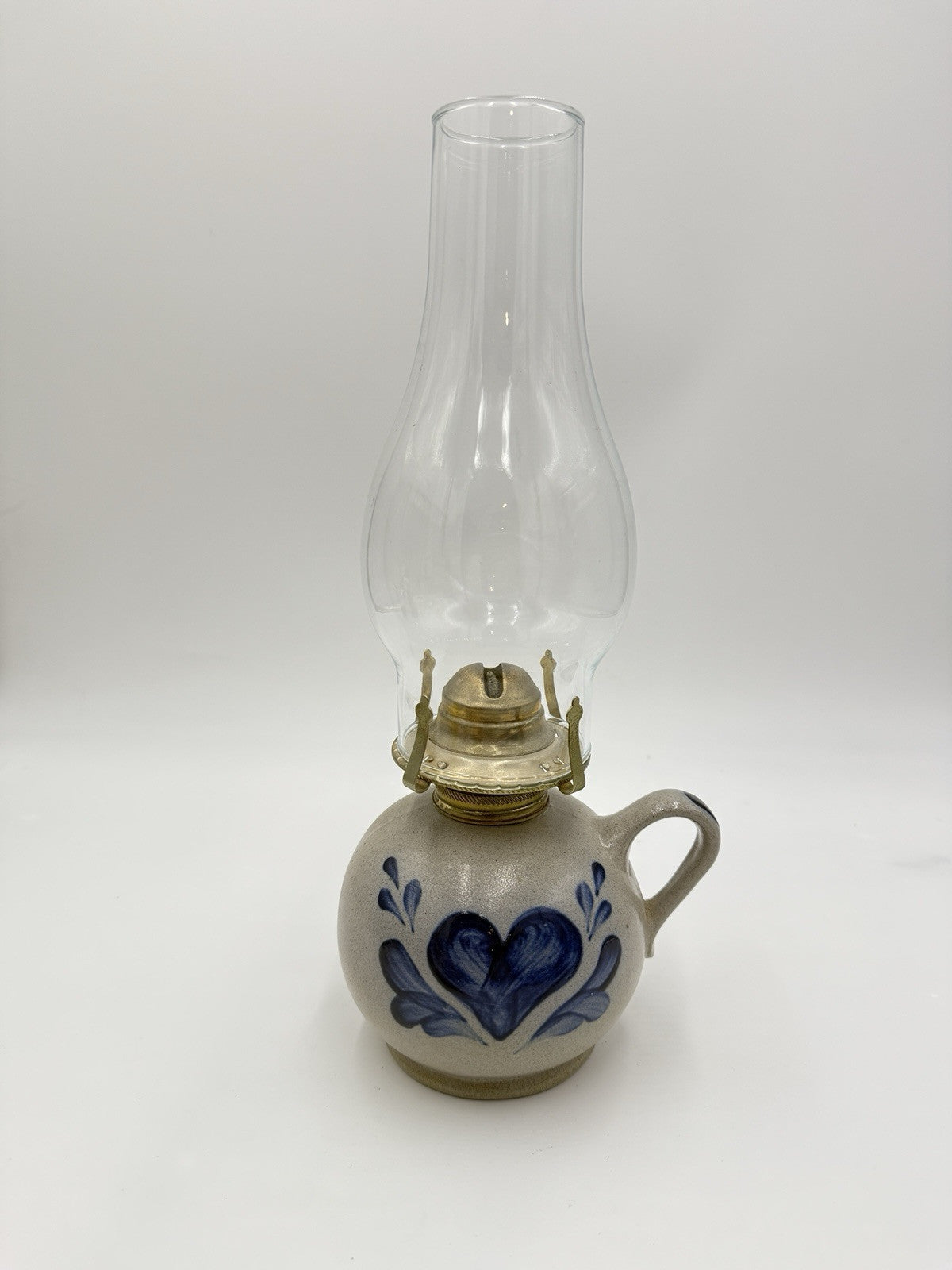 Vtg Rowe Pottery Works Salt Glazed  Hurricane Oil Lamp Heart Painted Signed 14”