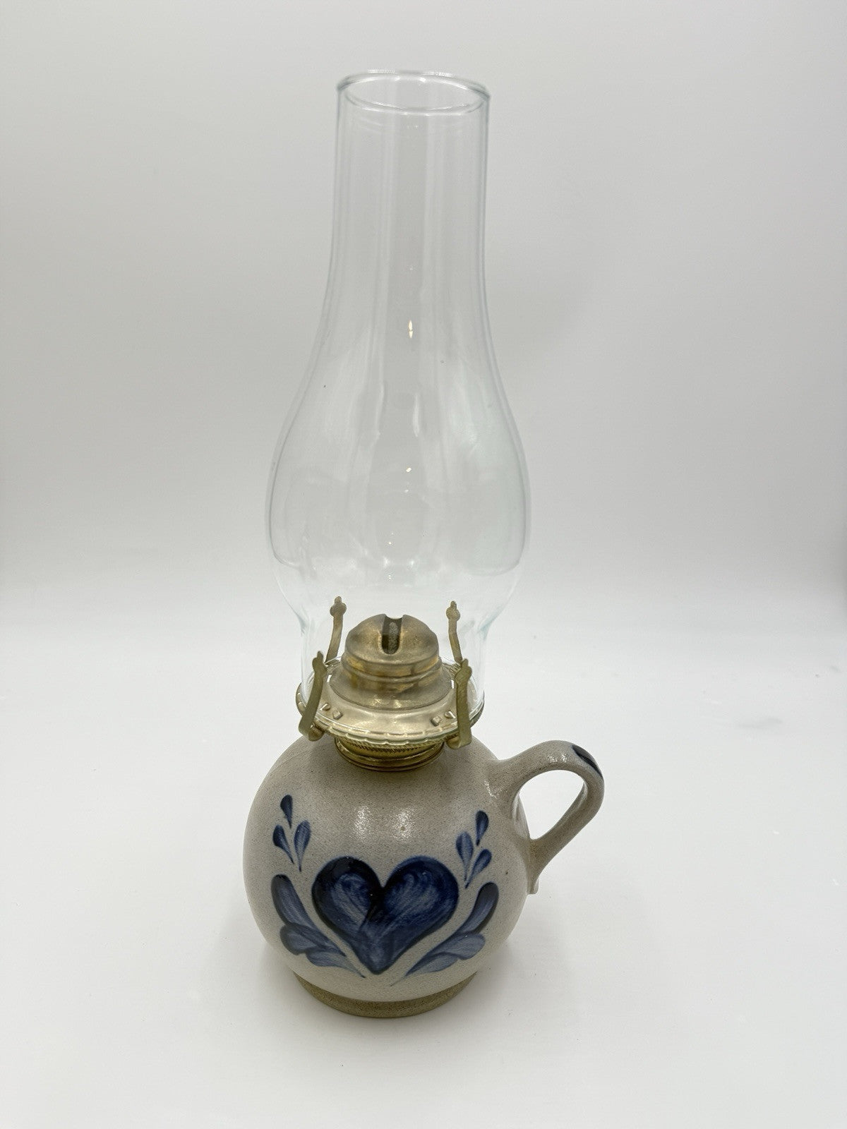 Vtg Rowe Pottery Works Salt Glazed  Hurricane Oil Lamp Heart Painted Signed 14”