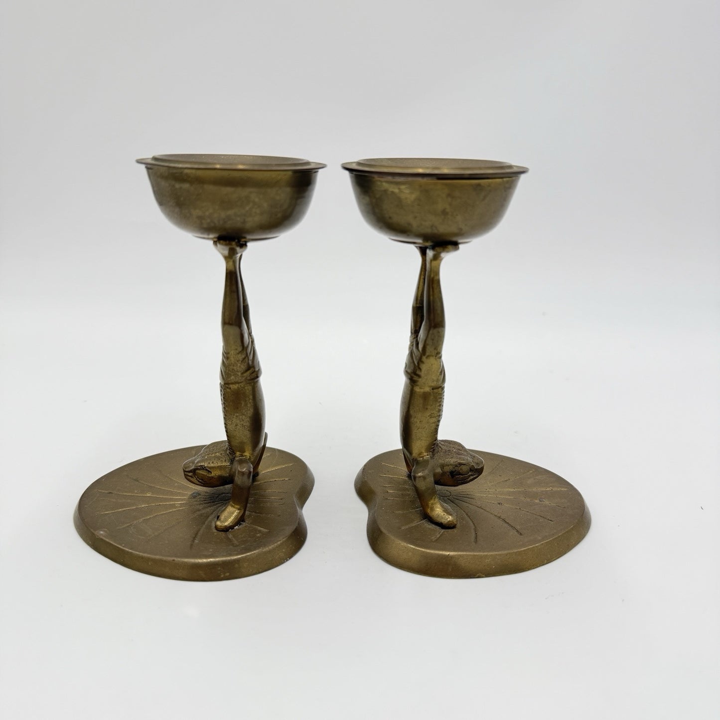 Vintage Pair of Acrobatic Frog Brass Candlesticks Solid Patina Leaf Base 5.5” H