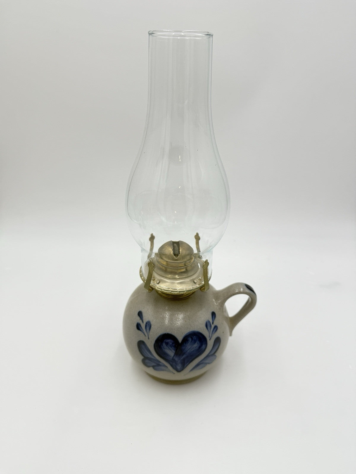 Vtg Rowe Pottery Works Salt Glazed  Hurricane Oil Lamp Heart Painted Signed 14”